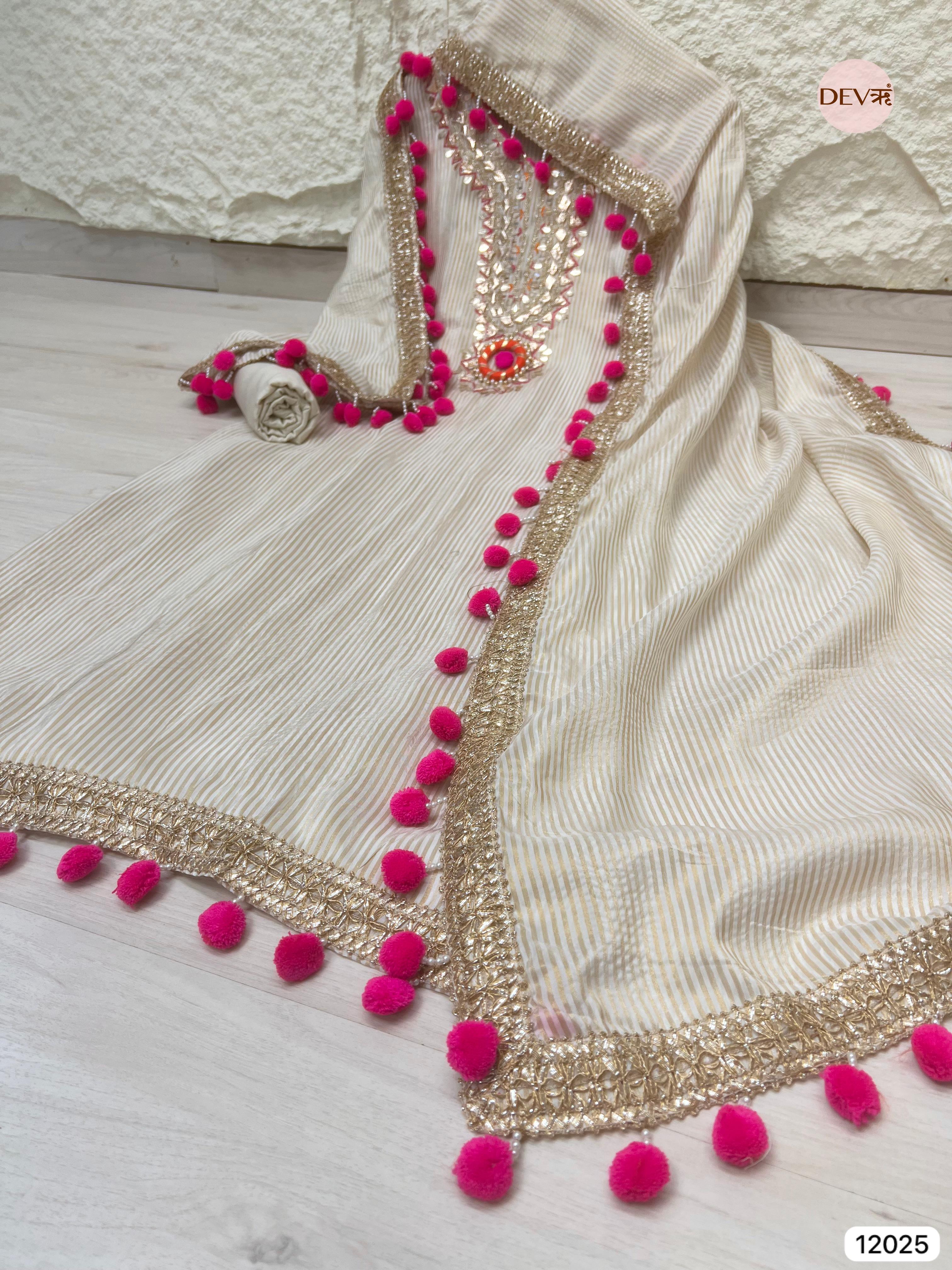 Cream colour Tissue Shimmer Silk Unstitched Gota Patti Hand Embroidered -Set Of 3 - {12025}