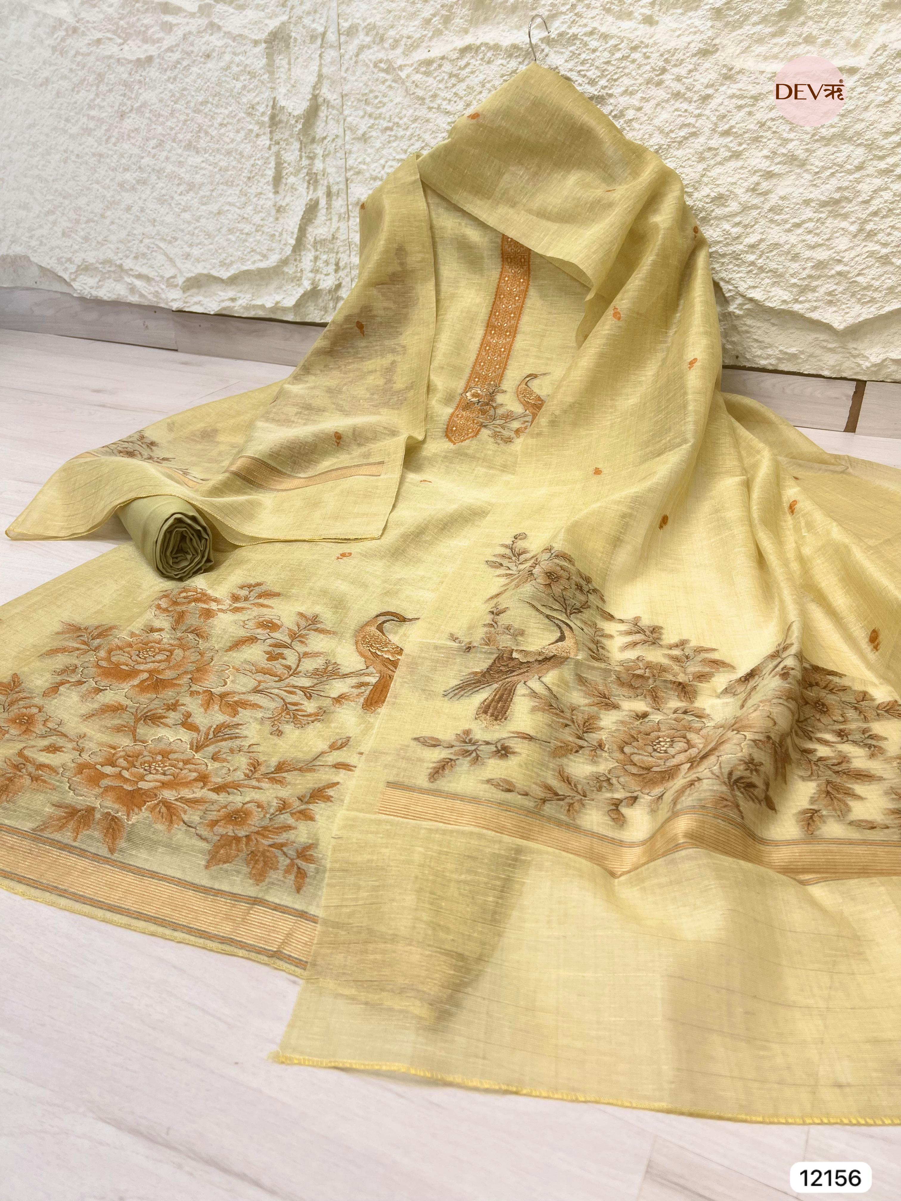 Yellow Pure Jamdani Linen Unstitched - Set Of 3 - {12156}