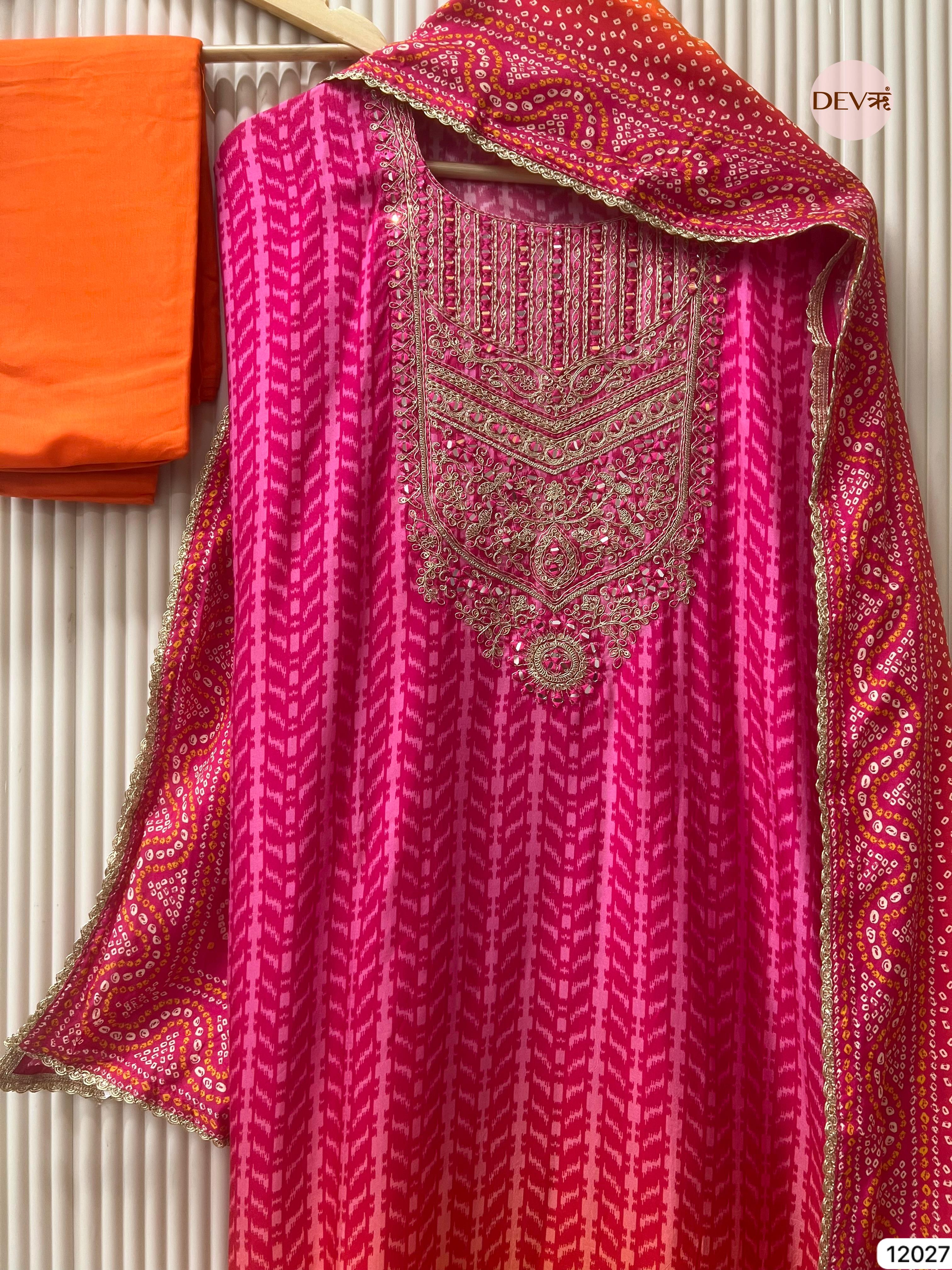 Pink Russian Silk Unstitched Printed Hand Embroidered -Set Of 3 - {12027}