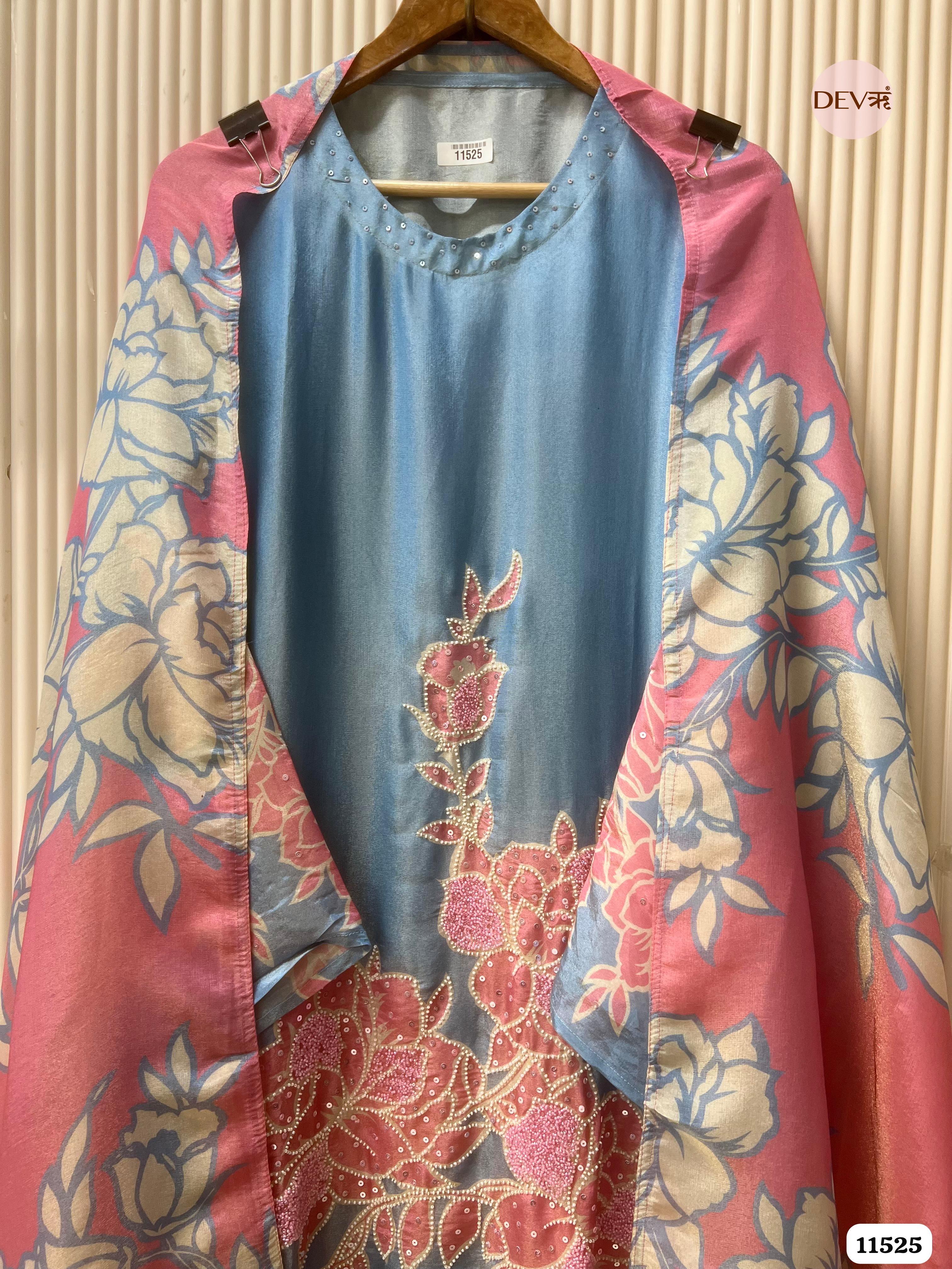 Blue Tissue Silk Semi stitched Printed Embroidered -Set Of 3 - {11525}