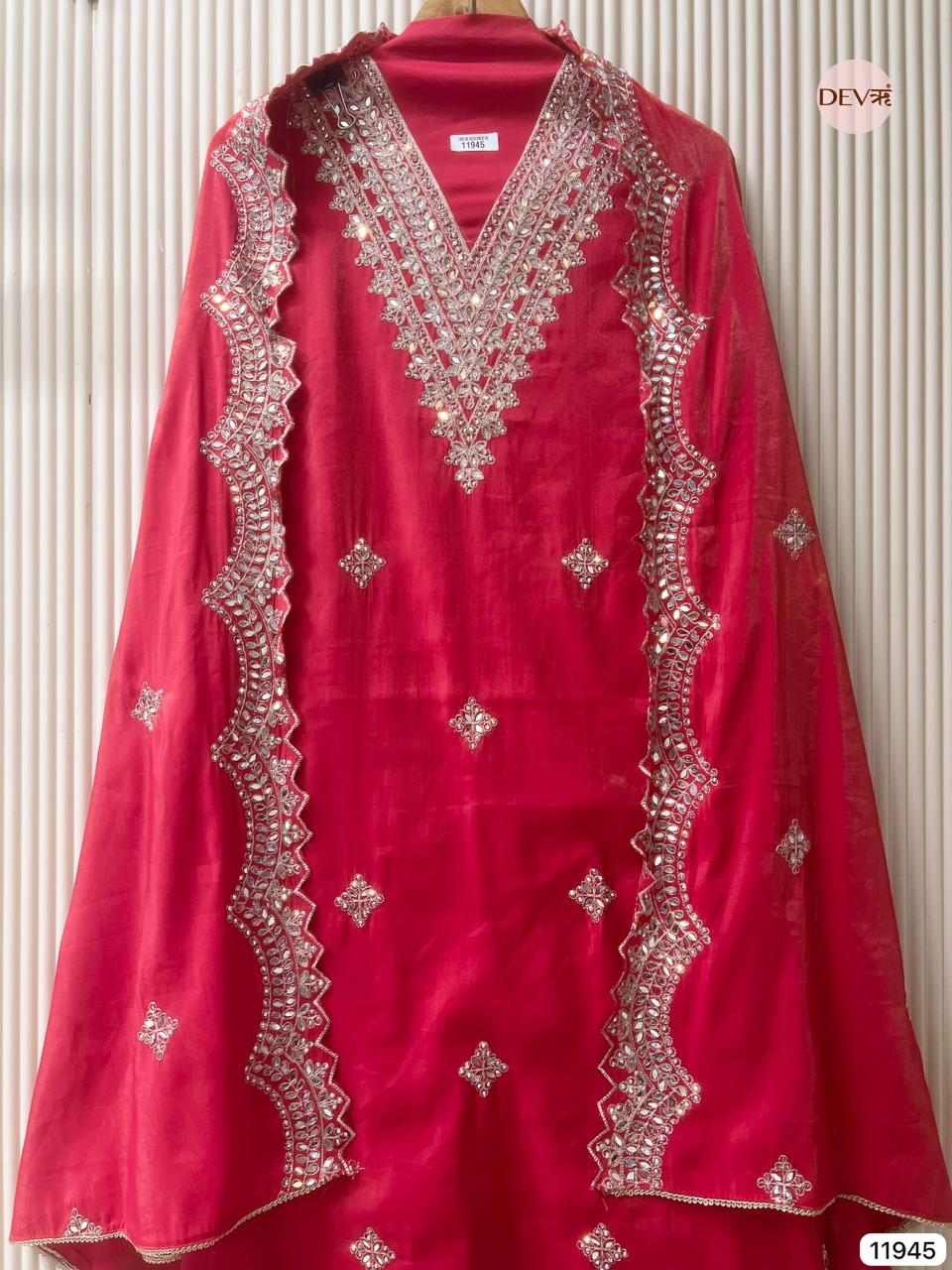 Red Modal Silk Unstitched Hand Embroidered -Set Of 3 - {11945}