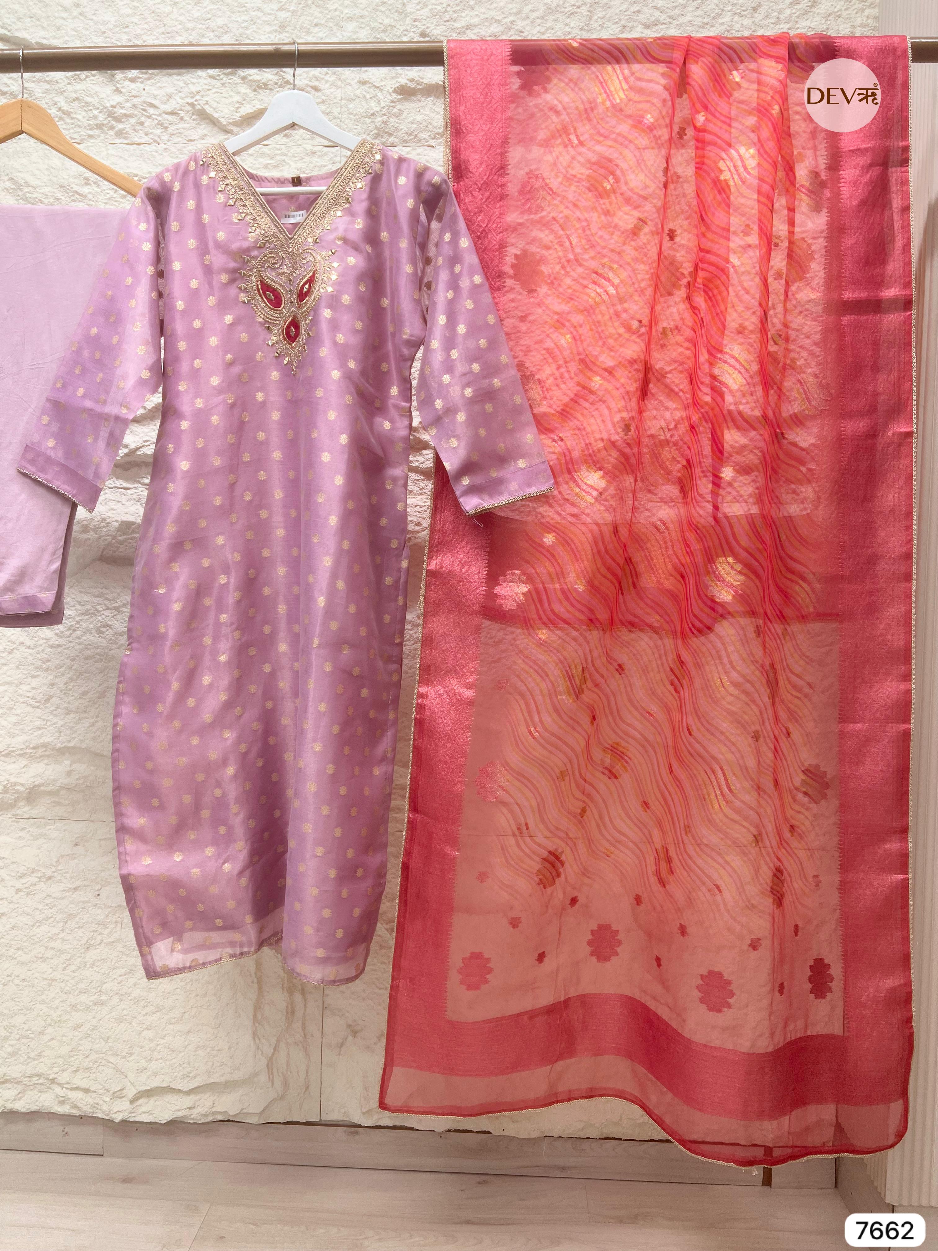 {7662}Pink Tissue Silk Stitched Printed Embroidered -Set Of 3