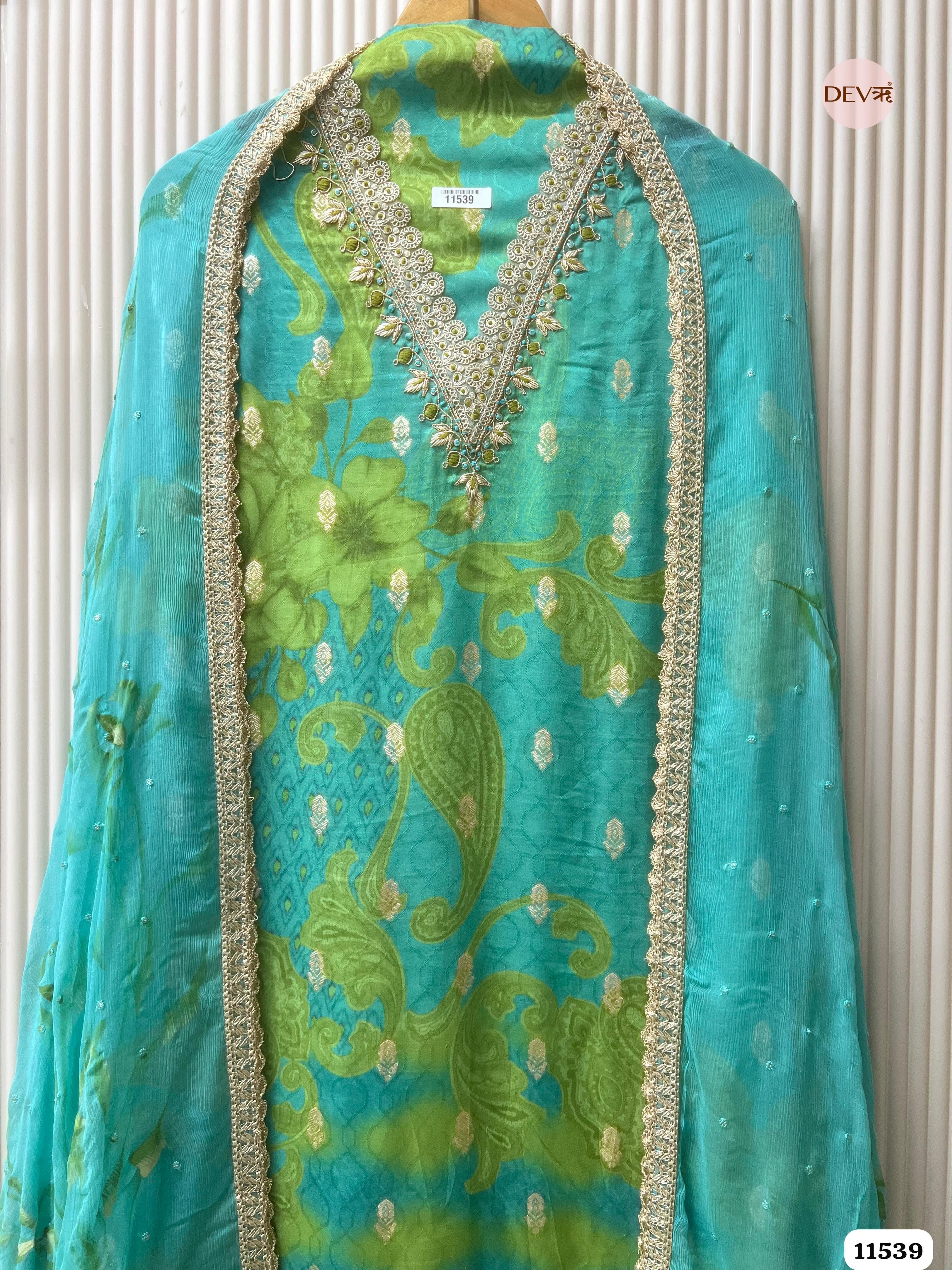 Green Pure Silk Unstitched Printed Hand Embroidered -Set Of 3 {11539}