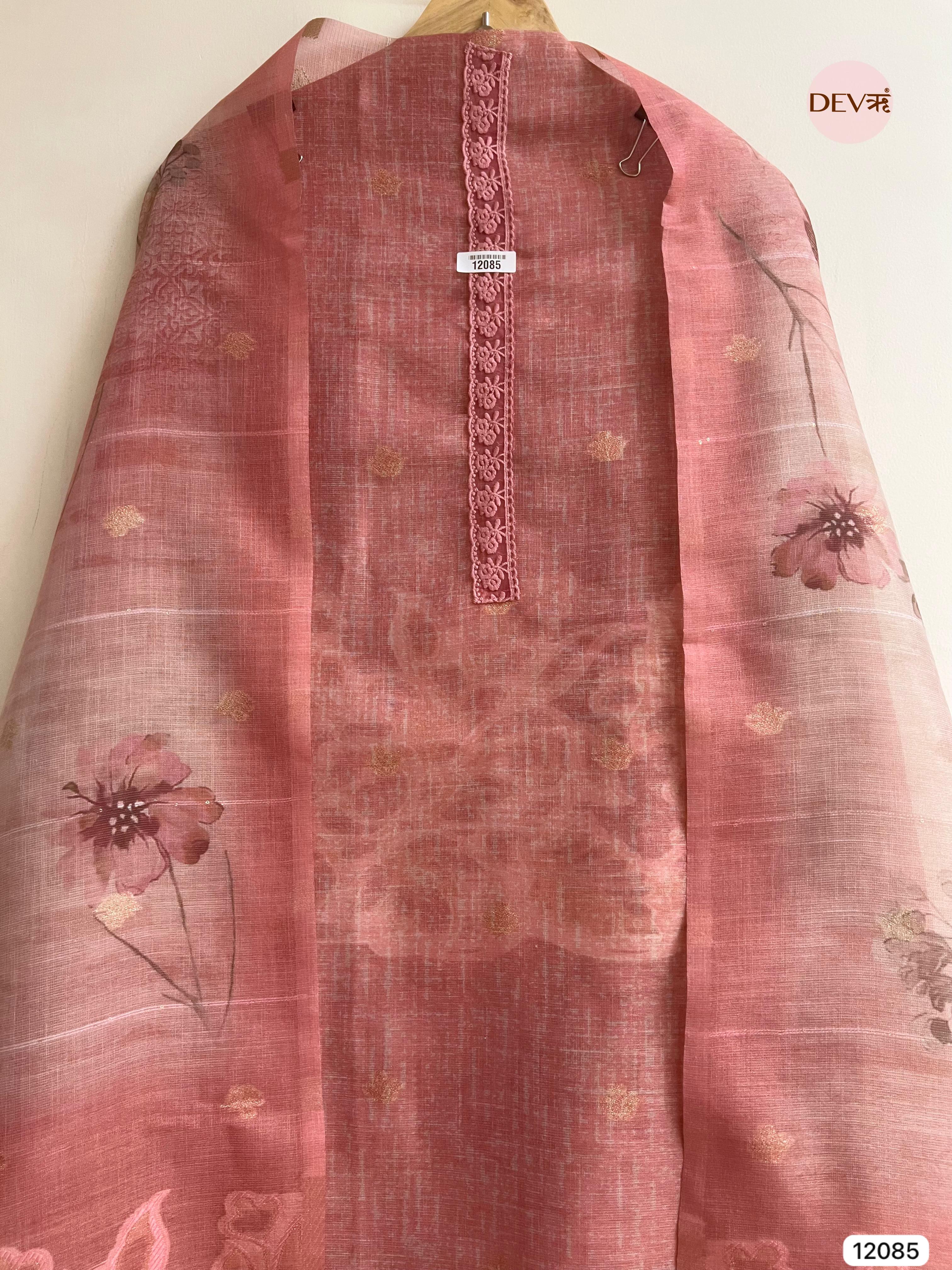 Pink Pure Raw Unstitched Silk Thread Woven Embroidered -Set Of 3 - {12085}