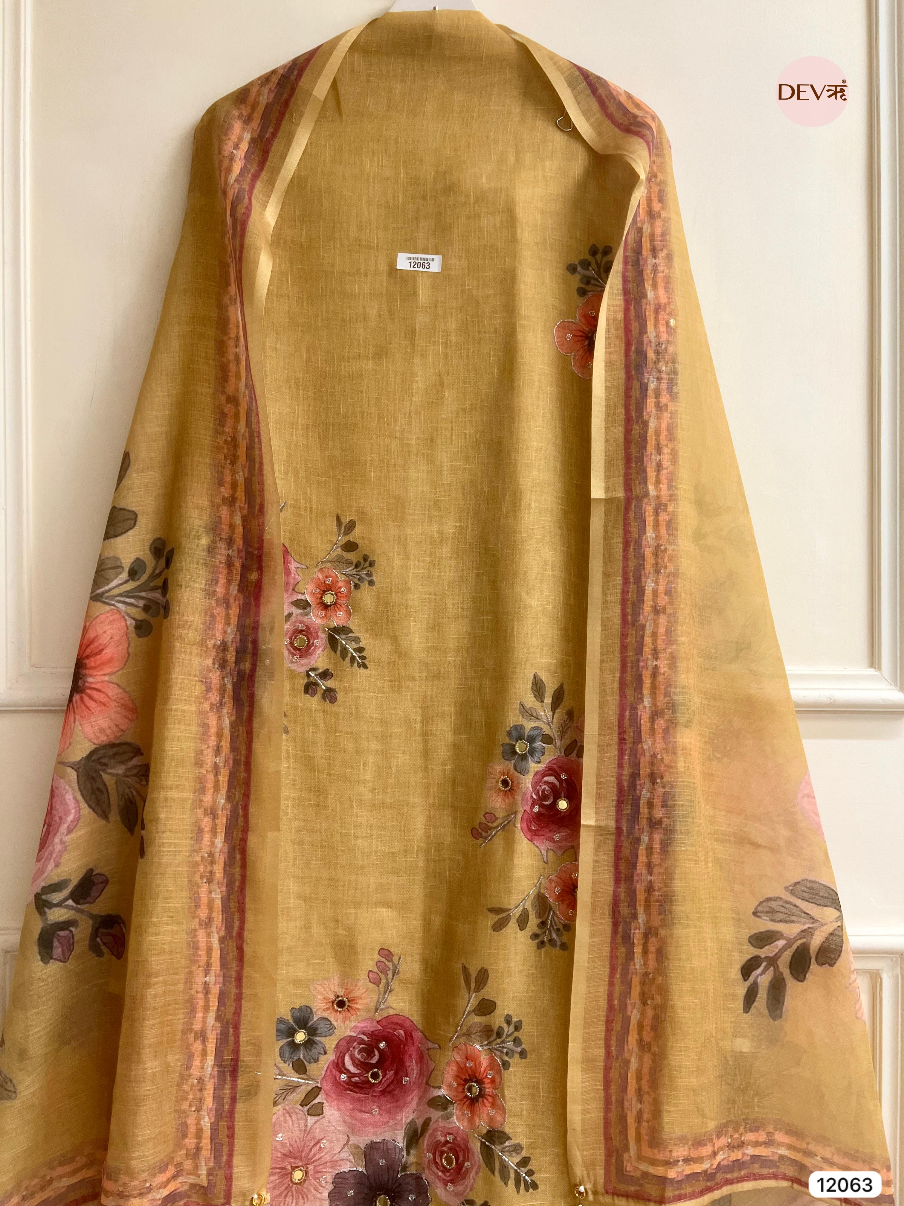 Golden Yellow Linen Printed Unstitched Hand Embroidered -Set Of - {12063}