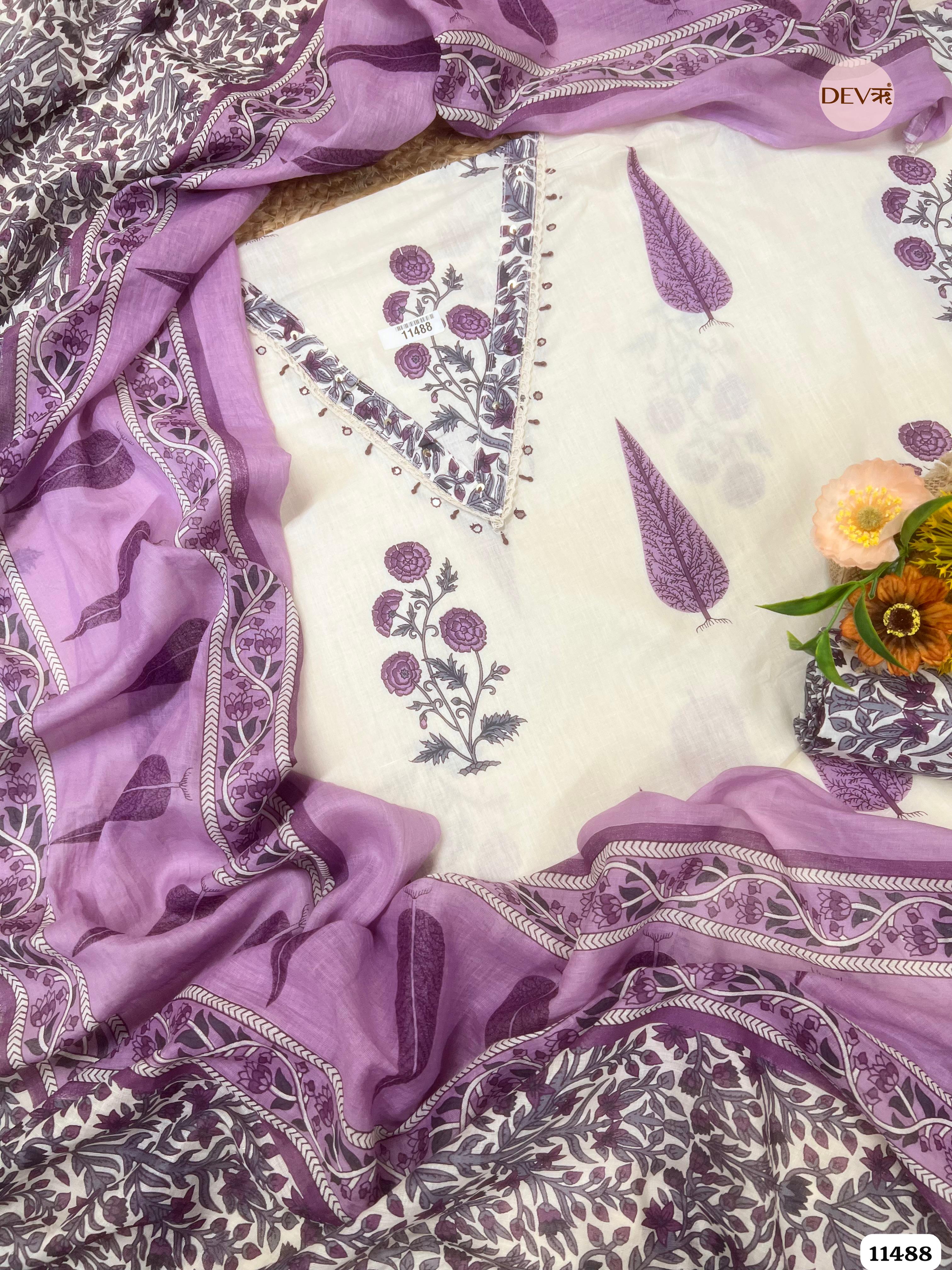 Purple Pure Cotton Unstitched Printed Embroidered -Set Of 3 {11488}