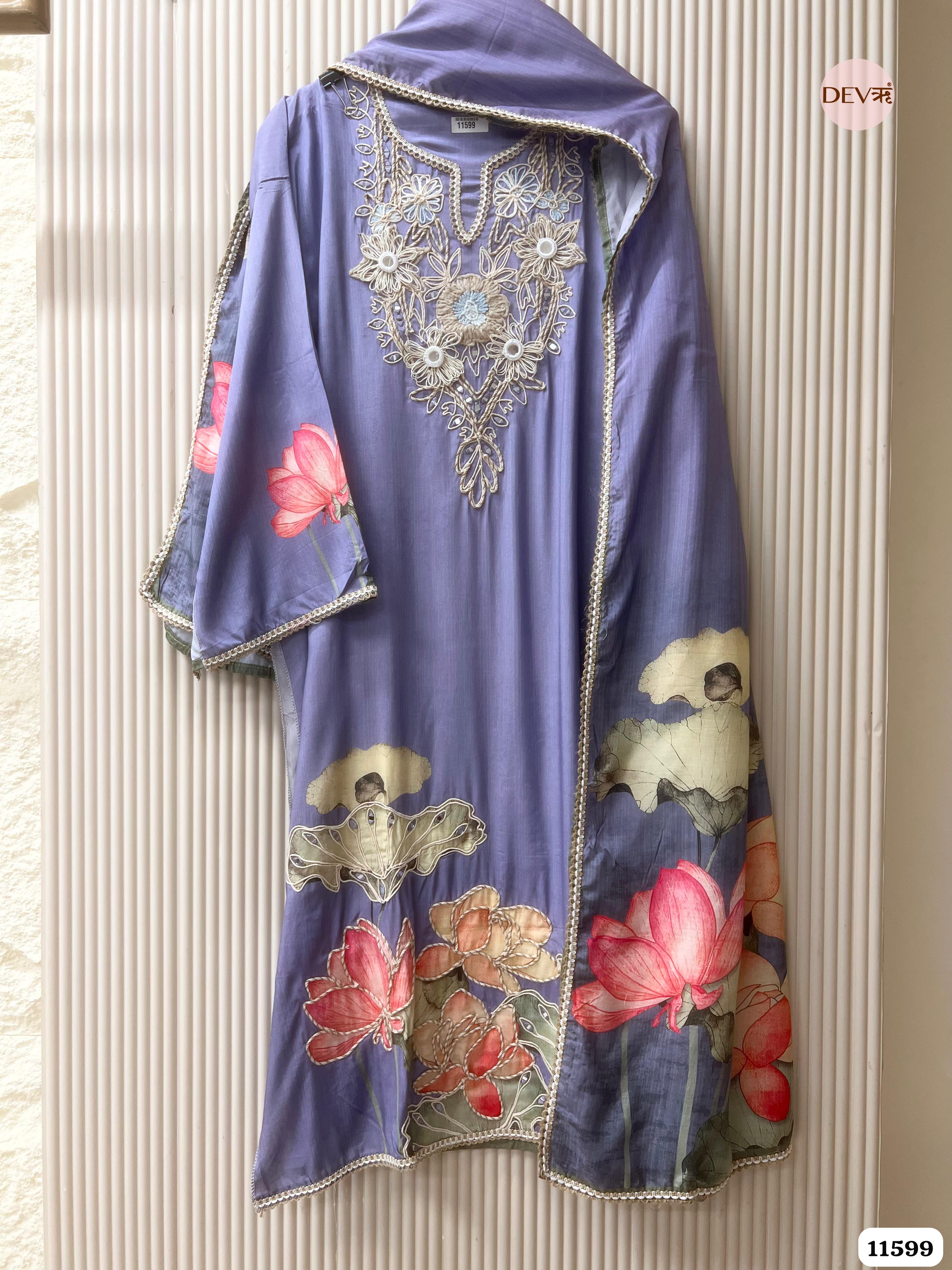 Purple Muslin Semi Stitched Embroidered Printed -Set Of 3 {11599}