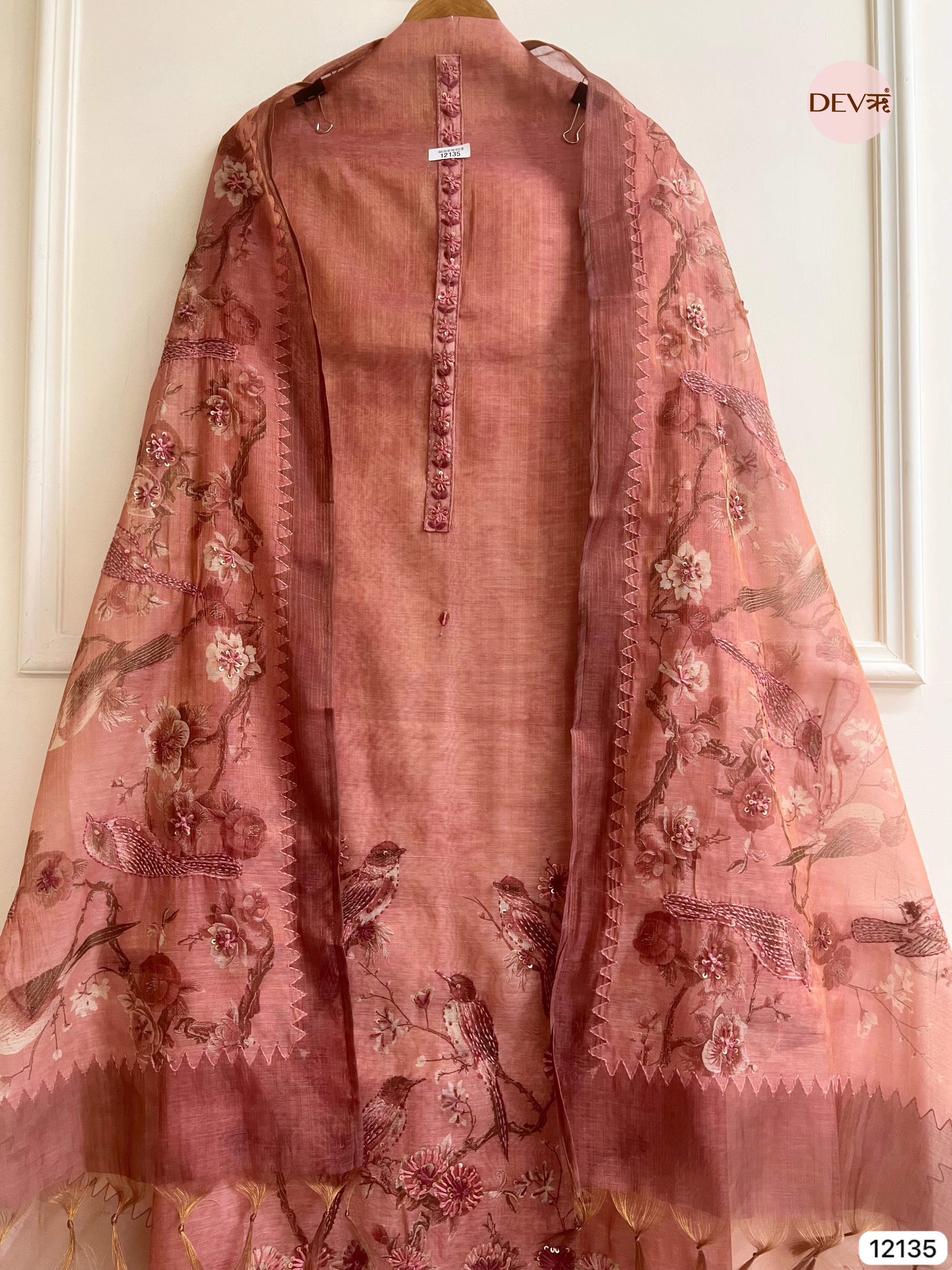 Rust Pure Soft jamdani linen Woven Unstitched -Set Of 3 - {12135}