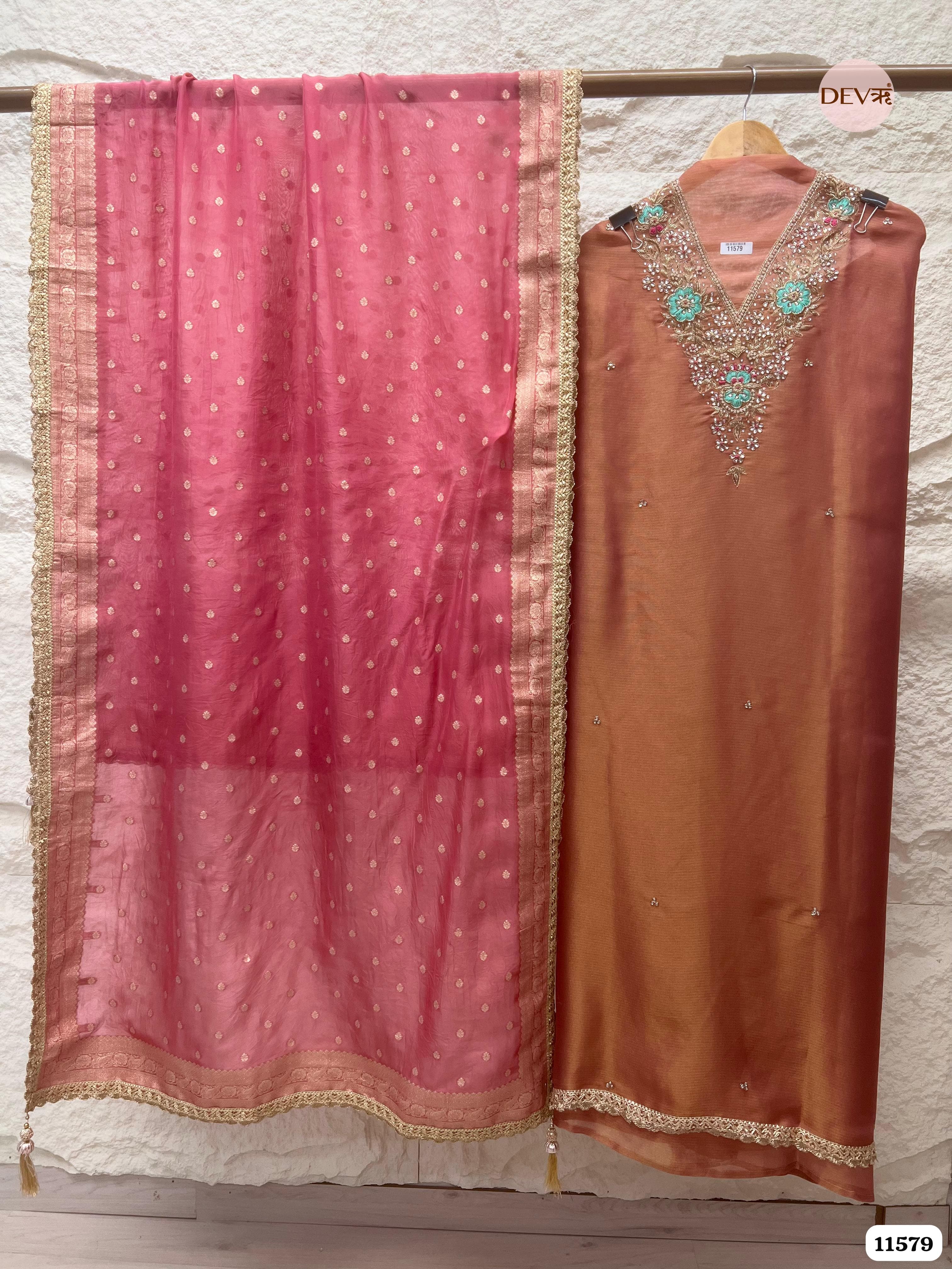Light Brown Pure Tissue Silk Unstitched Hand Embroidered -Set Of 3 {11579}