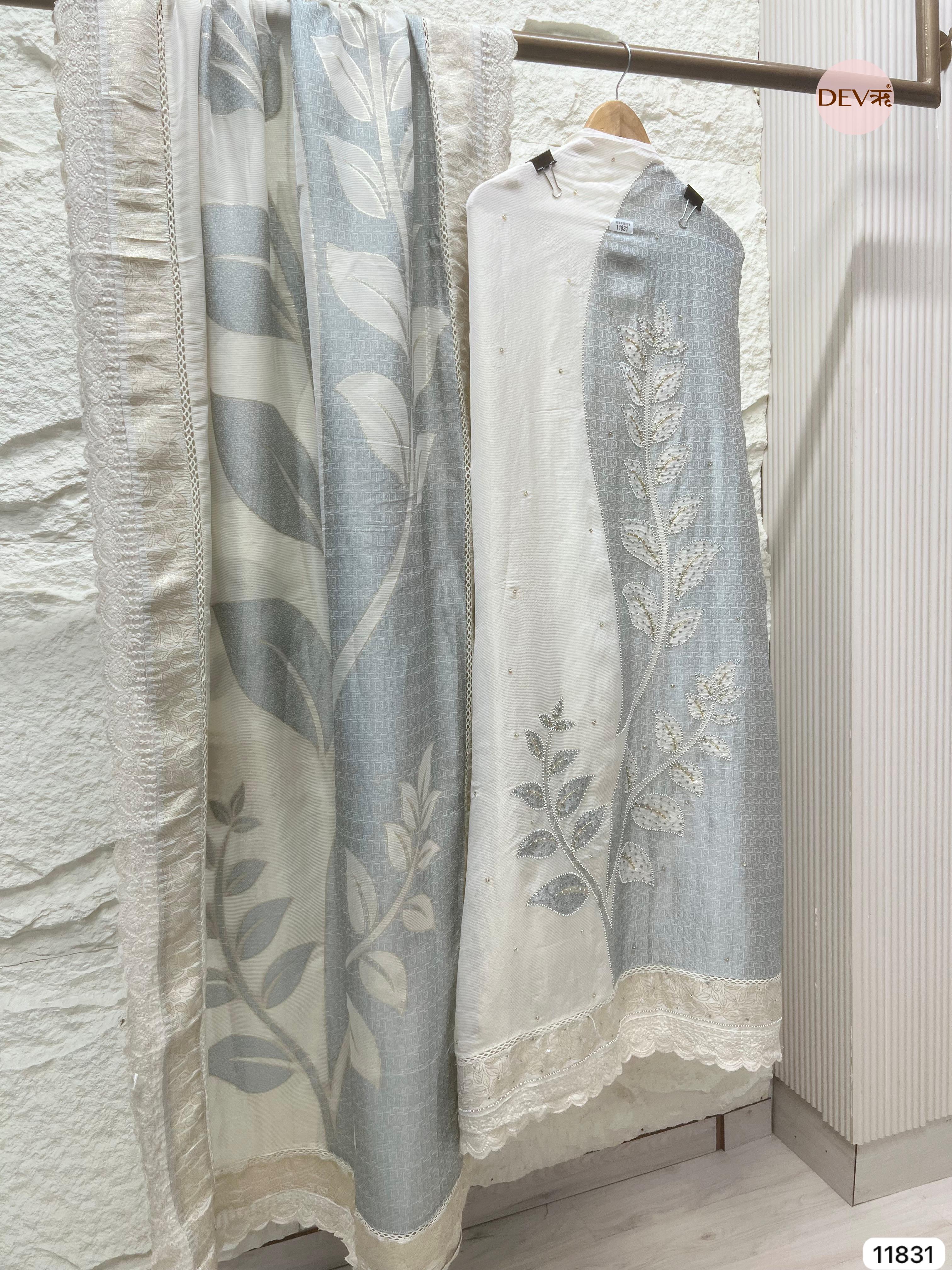 Light Grey/Silver Shimmer Silk Banarasi Weave Unstitched Hand Embroidered -Set Of 3- {11831}