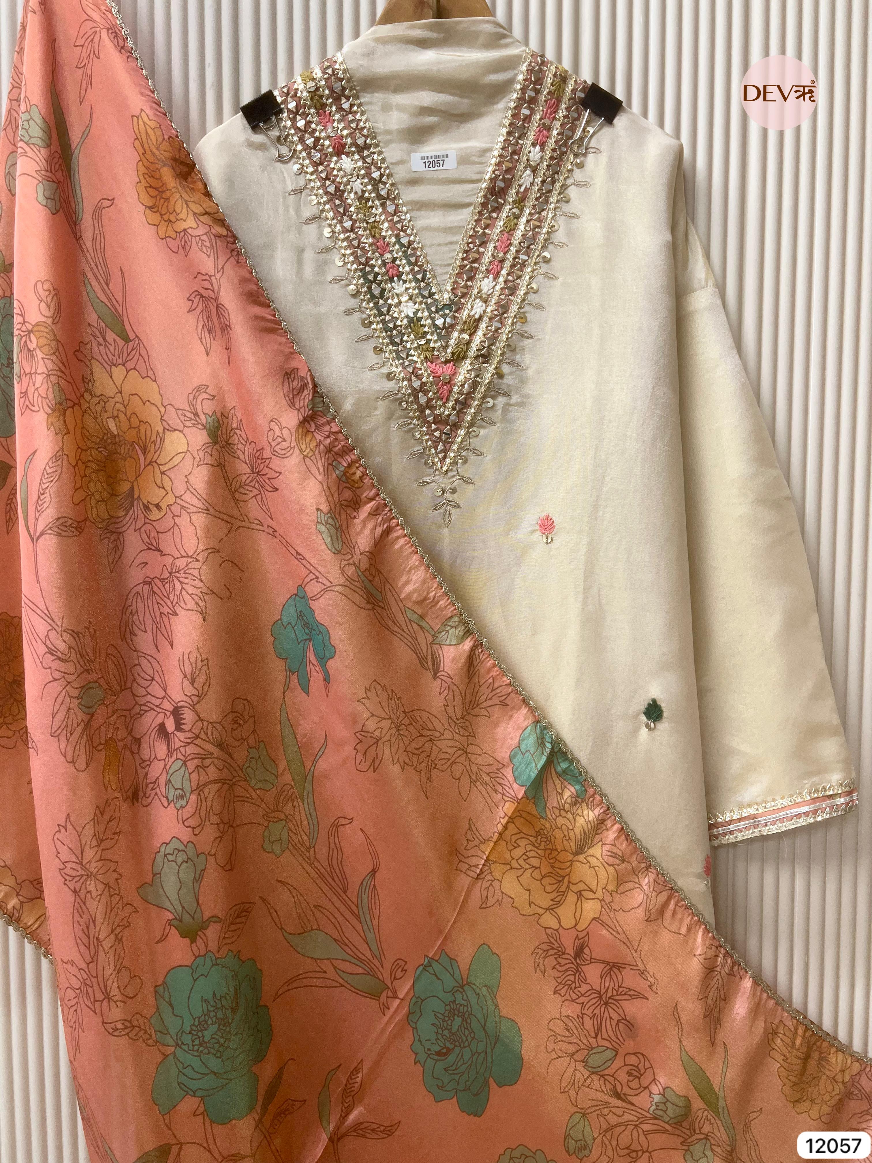 Cream Colour Tissue Shimmer Silk Semi Stitched Hand Embroidered -Set Of 3 - {12057}