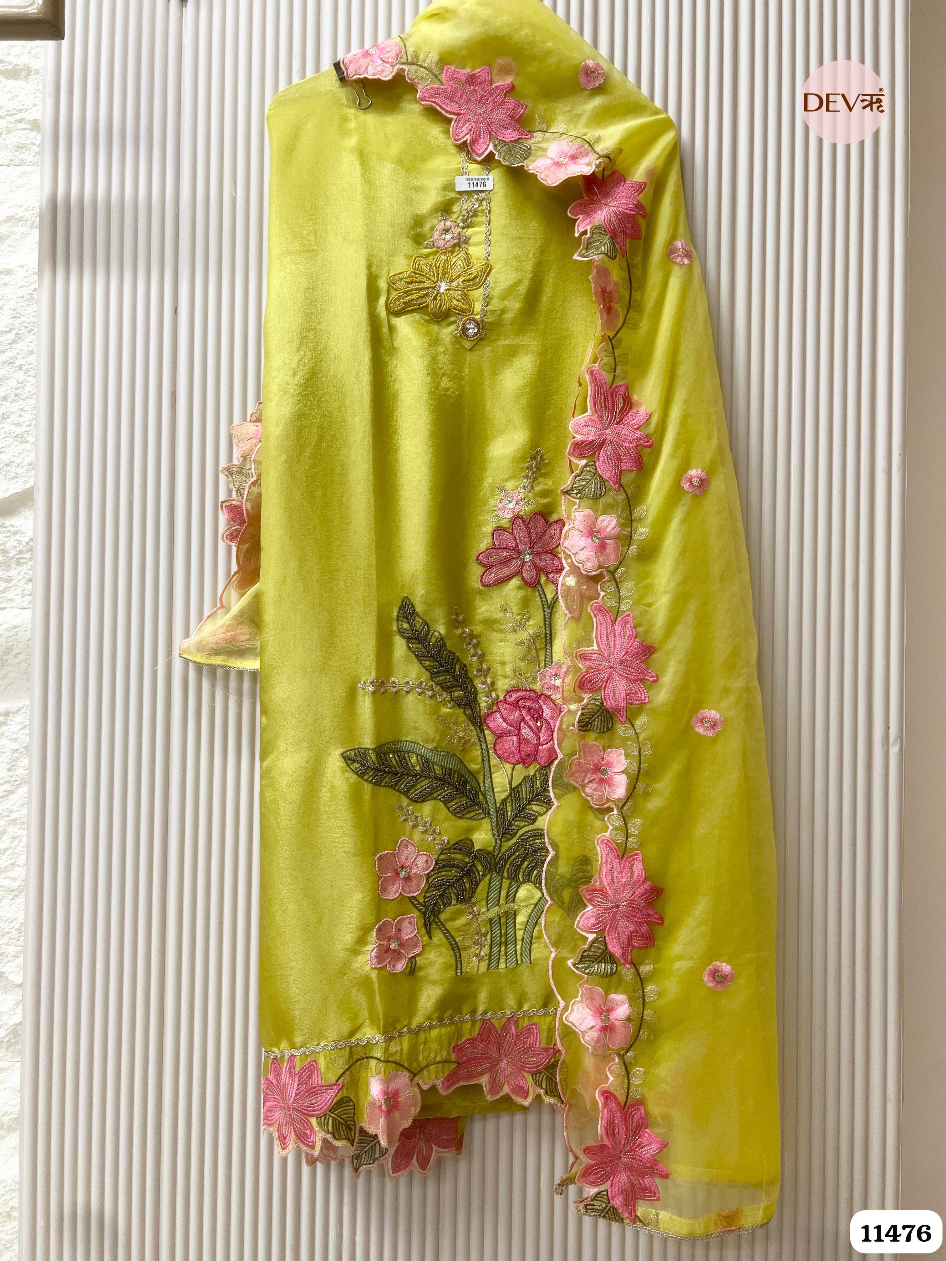 Lime Green Tissue Silk Unstitched Hand Embroidered -Set Of 3 {11476}