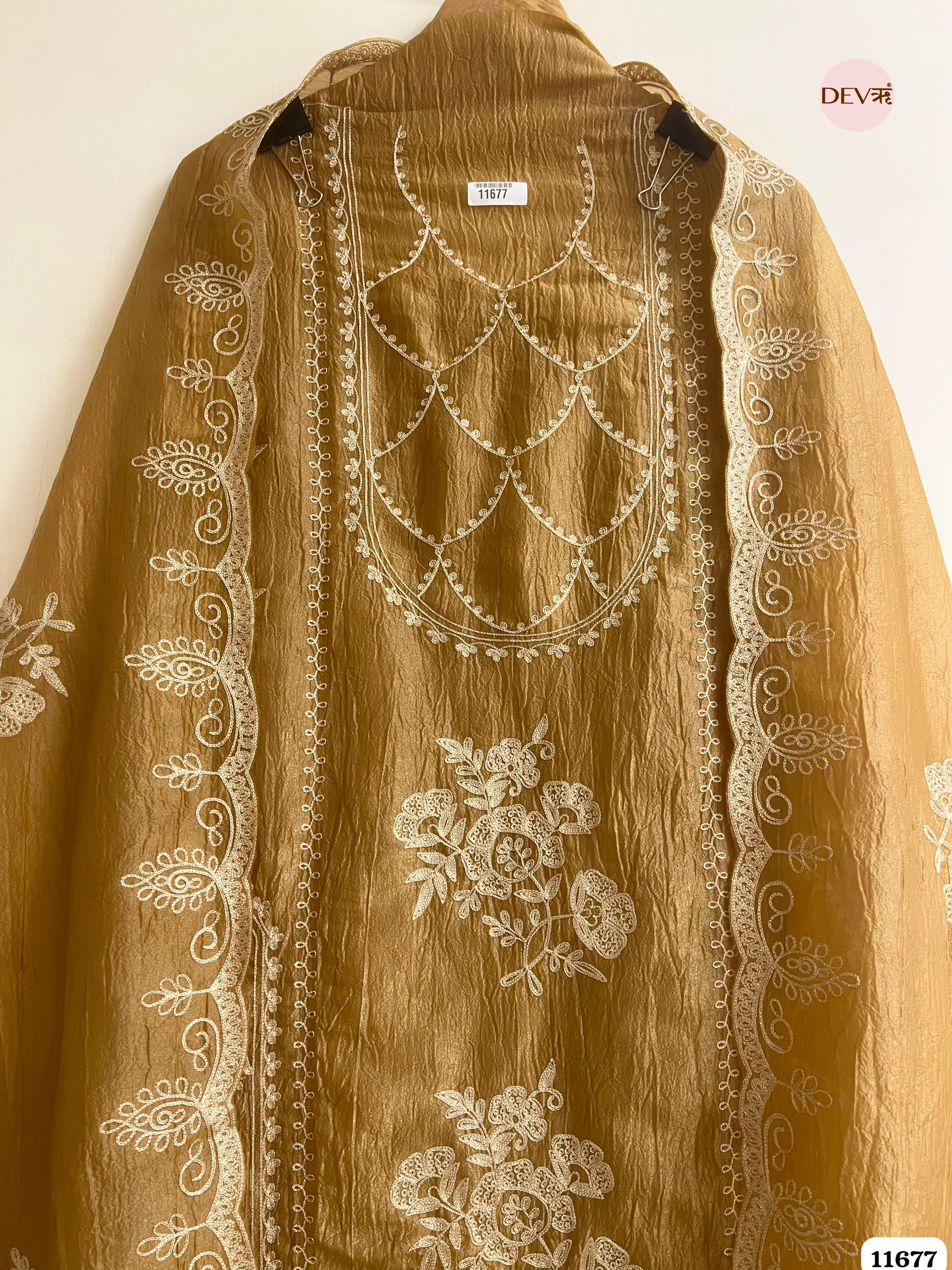 Brownish-Gold Tissue Crush Unstitched Embroidered -Set Of 3 {11677}
