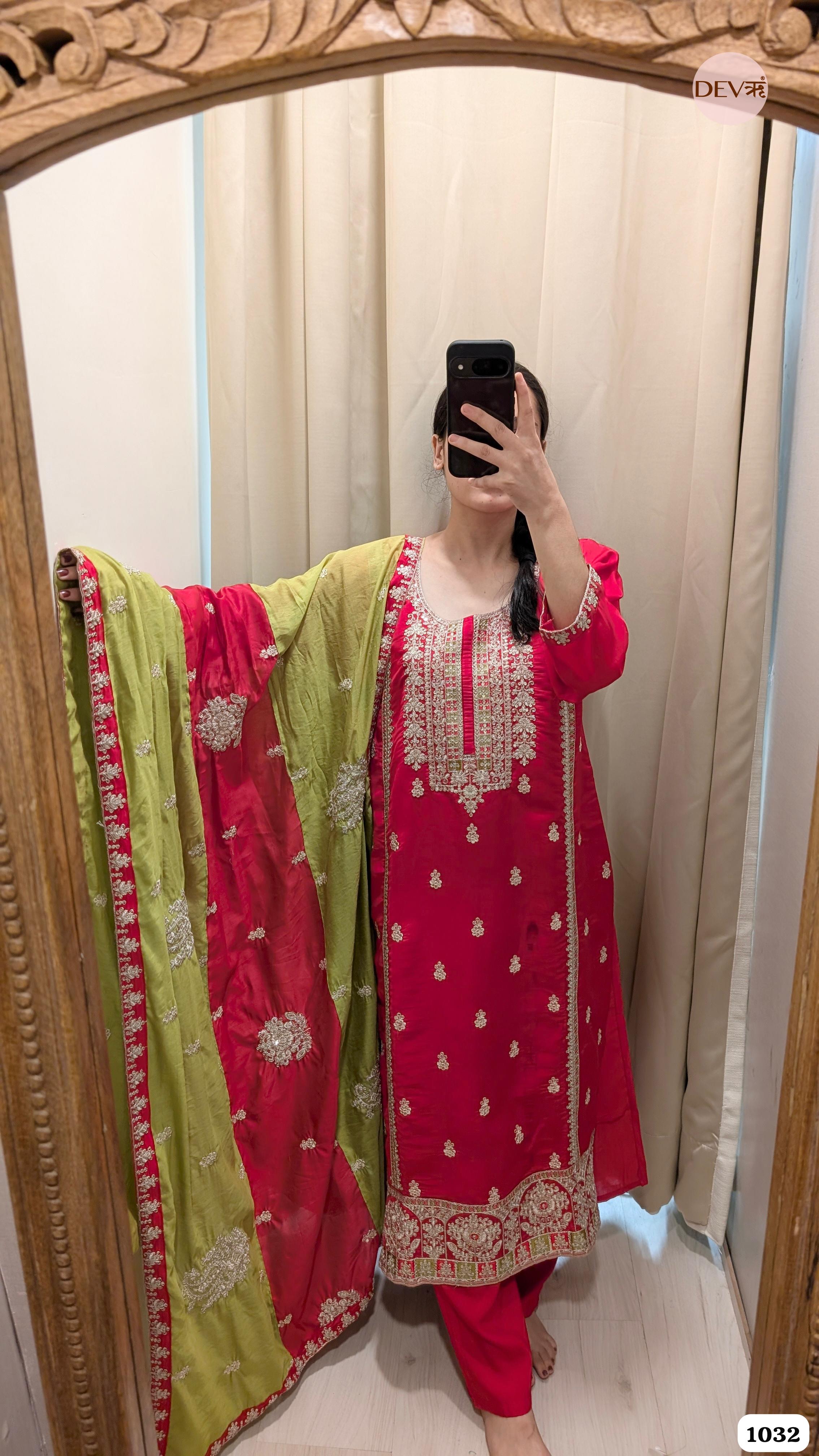 Red Silk Stiched Embroidered -Set Of 3 {1032}