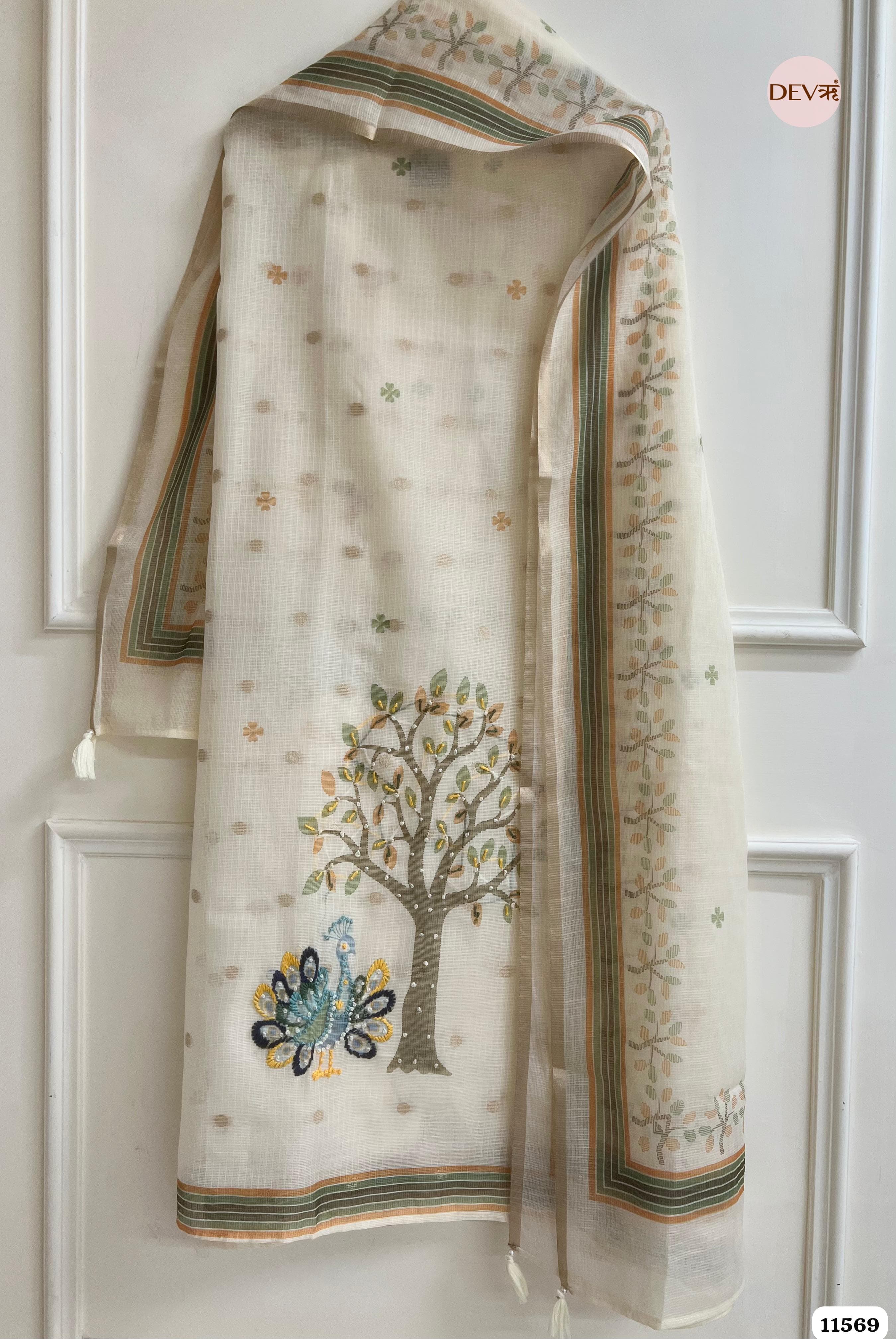 Off White Kota Silk Unstitched Printed Hand Embroidered -Set Of 3 {11569}