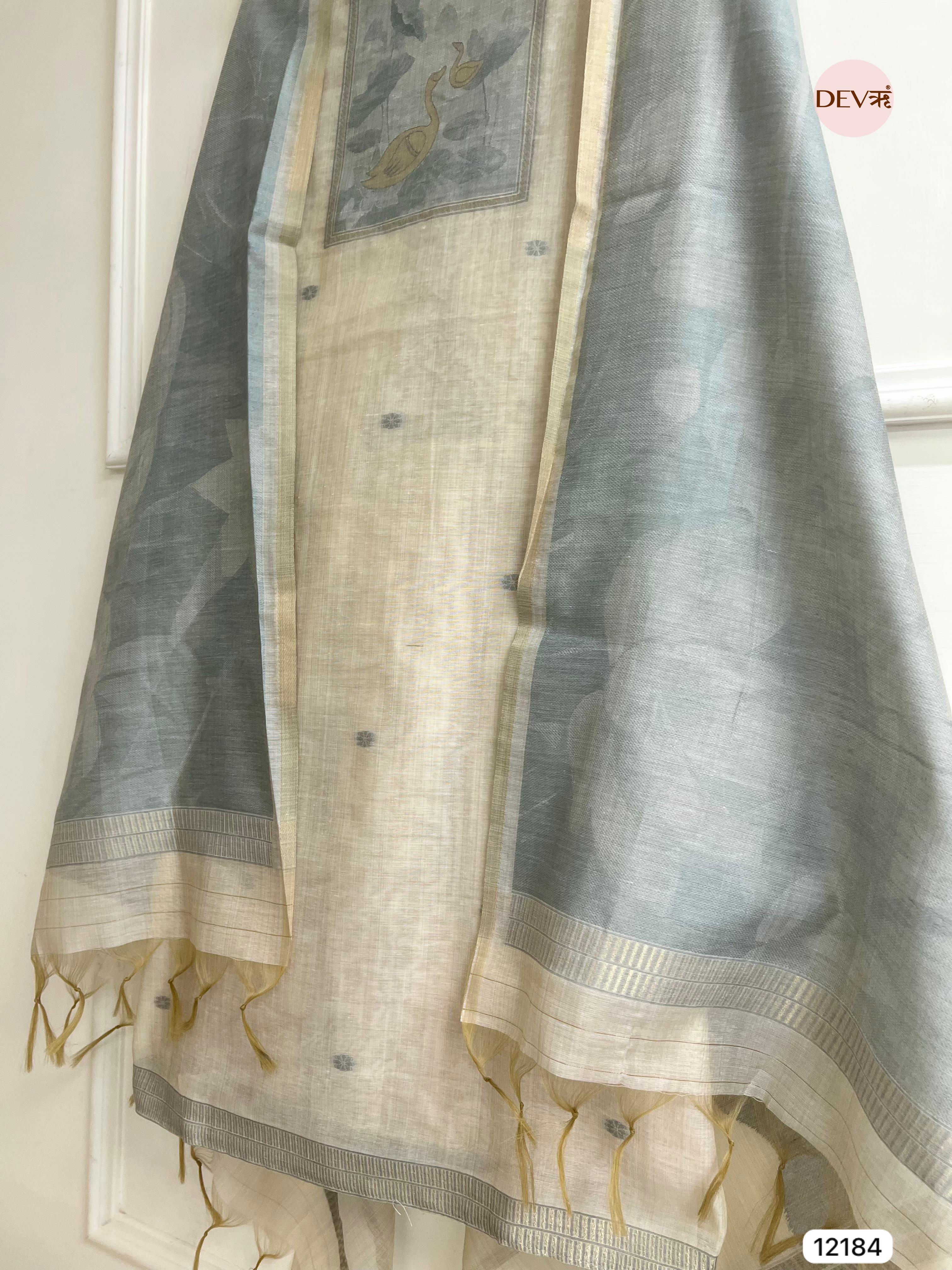 Off White Pure Jamdhani Silk Unstitched Banarasi Woven -Set Of 3 - {12184}