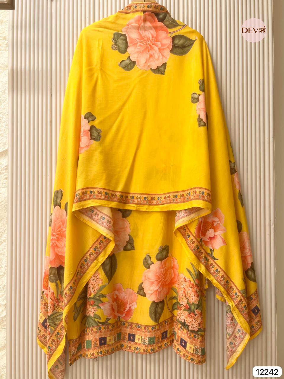 Yellow Pure Muslin Printed Unstitched 3-Piece Suit (Devri – D.No 12242)