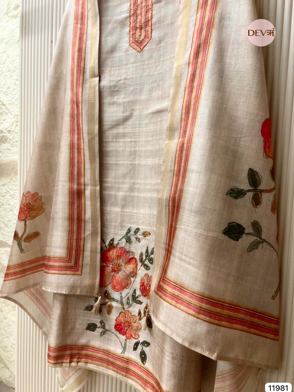 Beige Tusser Silk Embroidered Unstitched 3-Piece Suit (Devri – D.No 11981)
