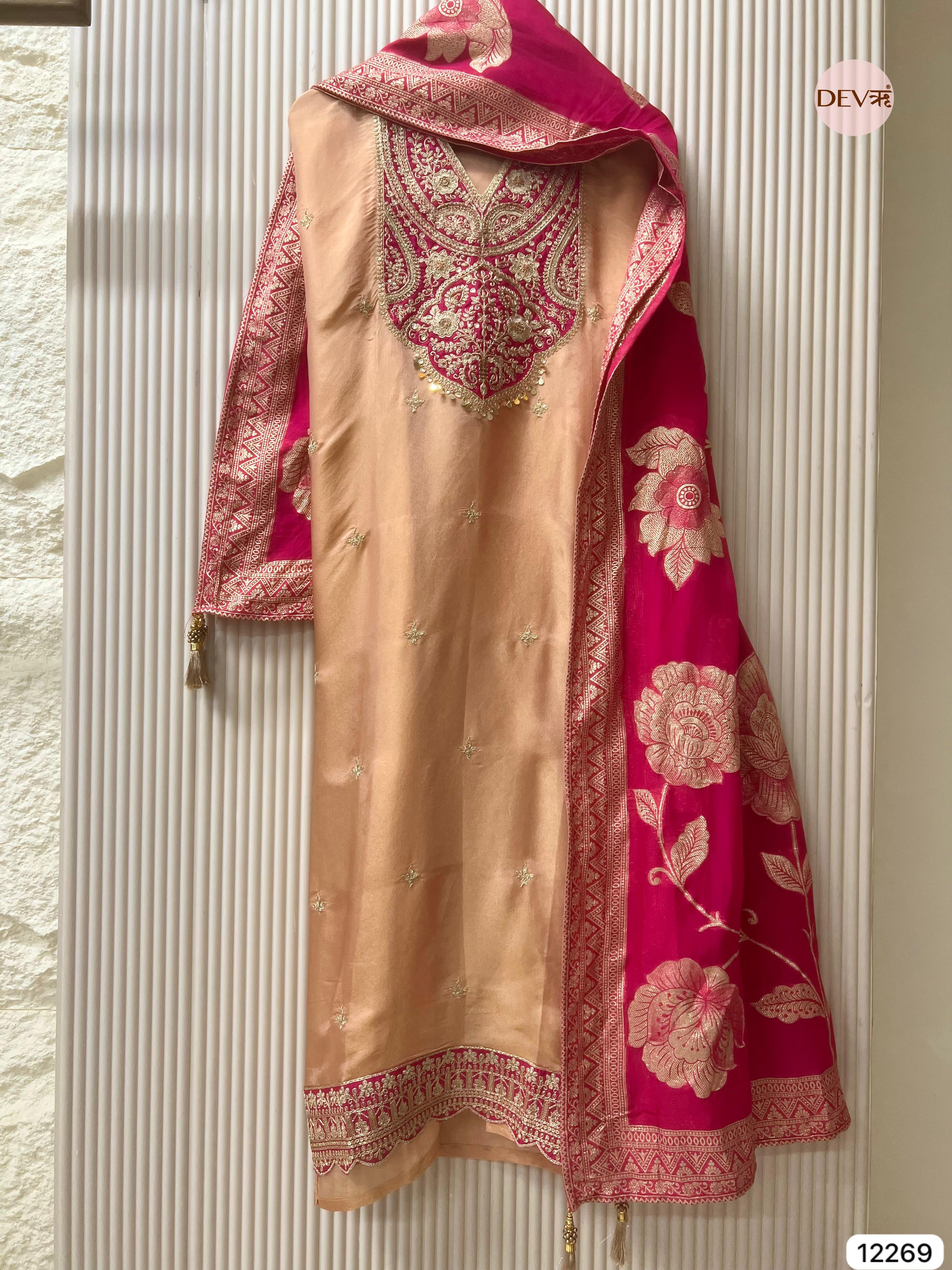 Peach–Rani Tissue Shimmer Silk Embroidered Unstitched 3-Piece Suit (Devri – D.No 12269)