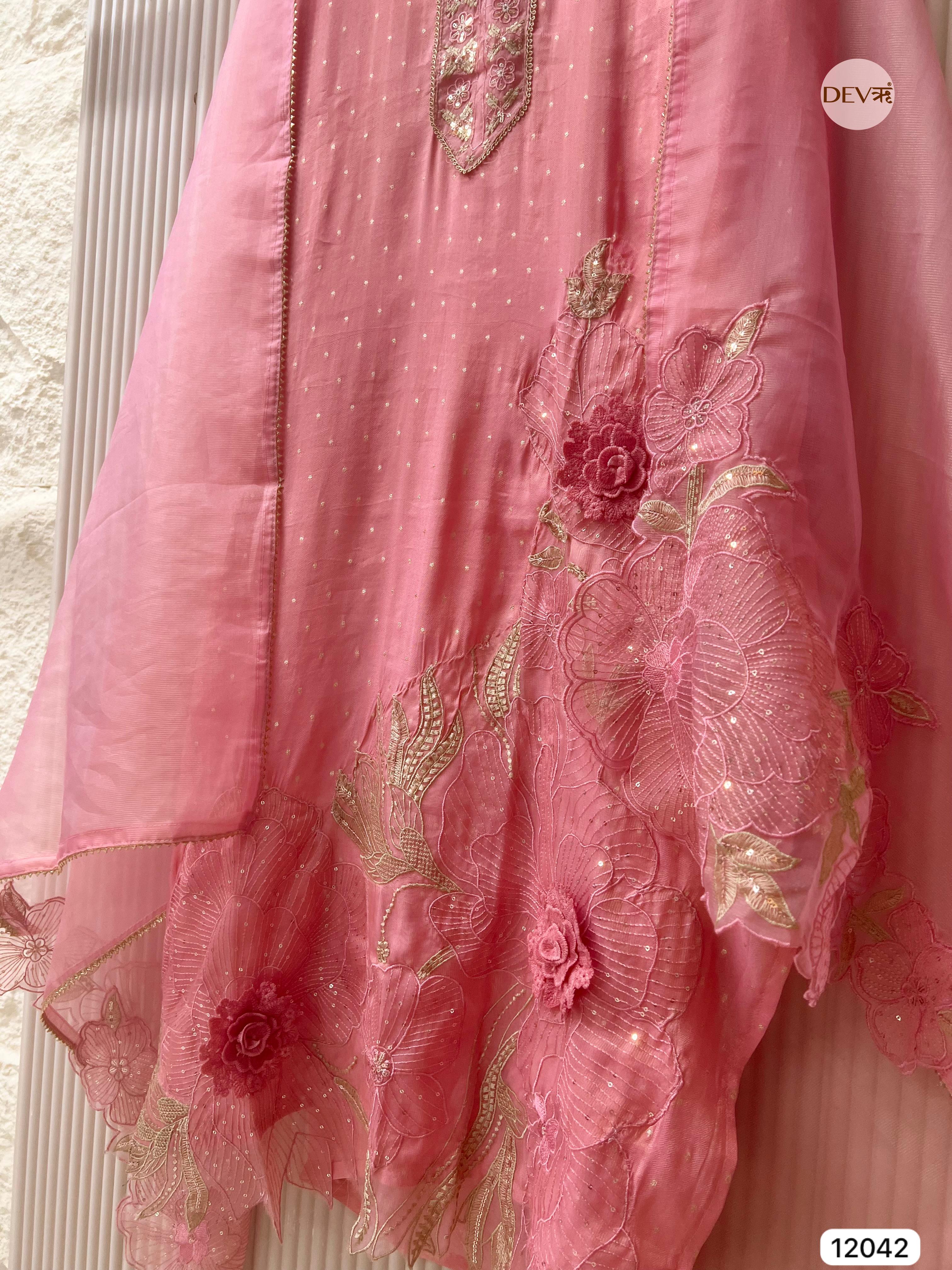 Pink Tissue Shimmer Silk Unstitched Embroidered -Set Of 3- {12042}