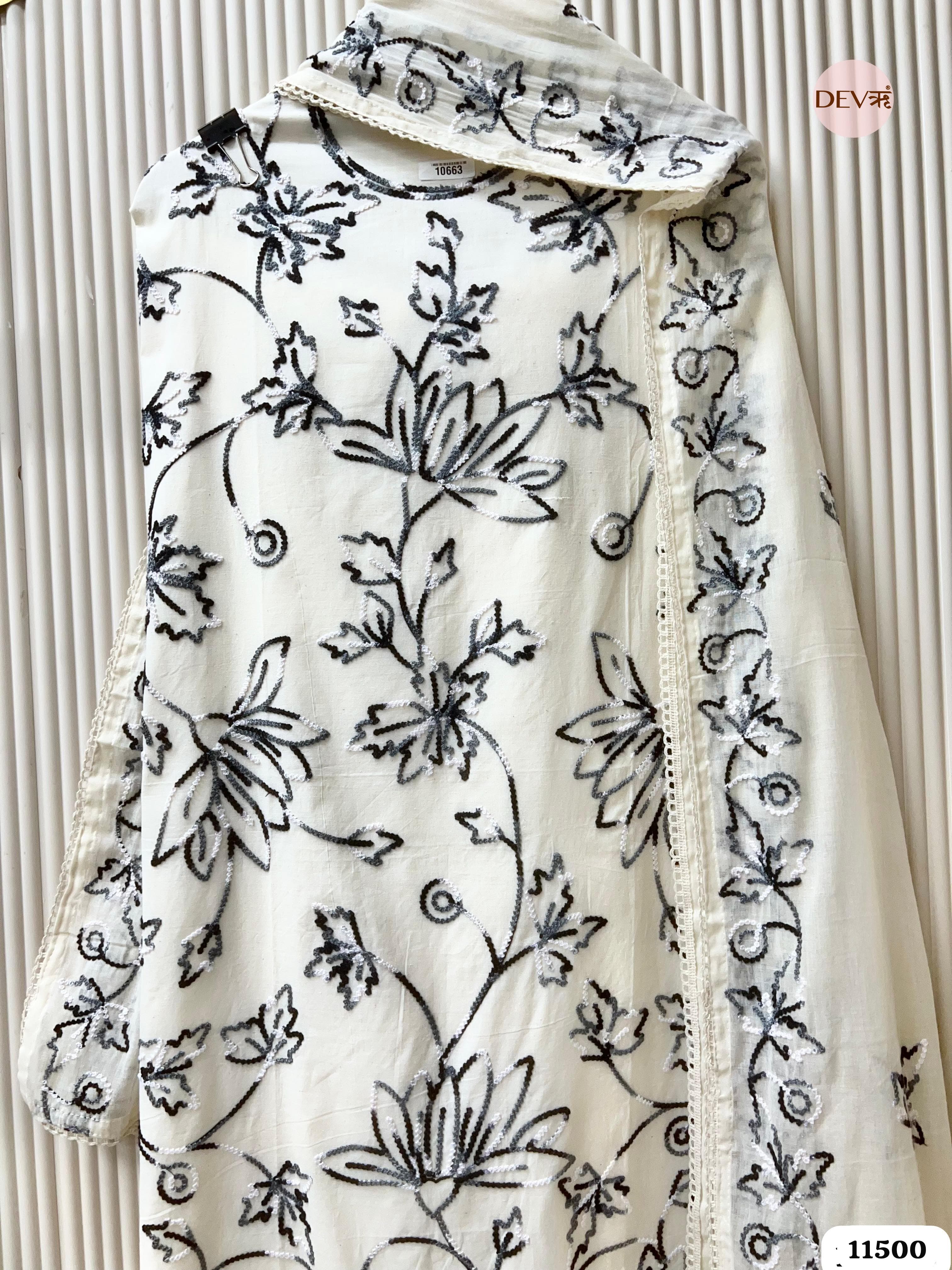 Black & white Pure Cotton Unstitched Embroidered -Set Of 6 {11500}