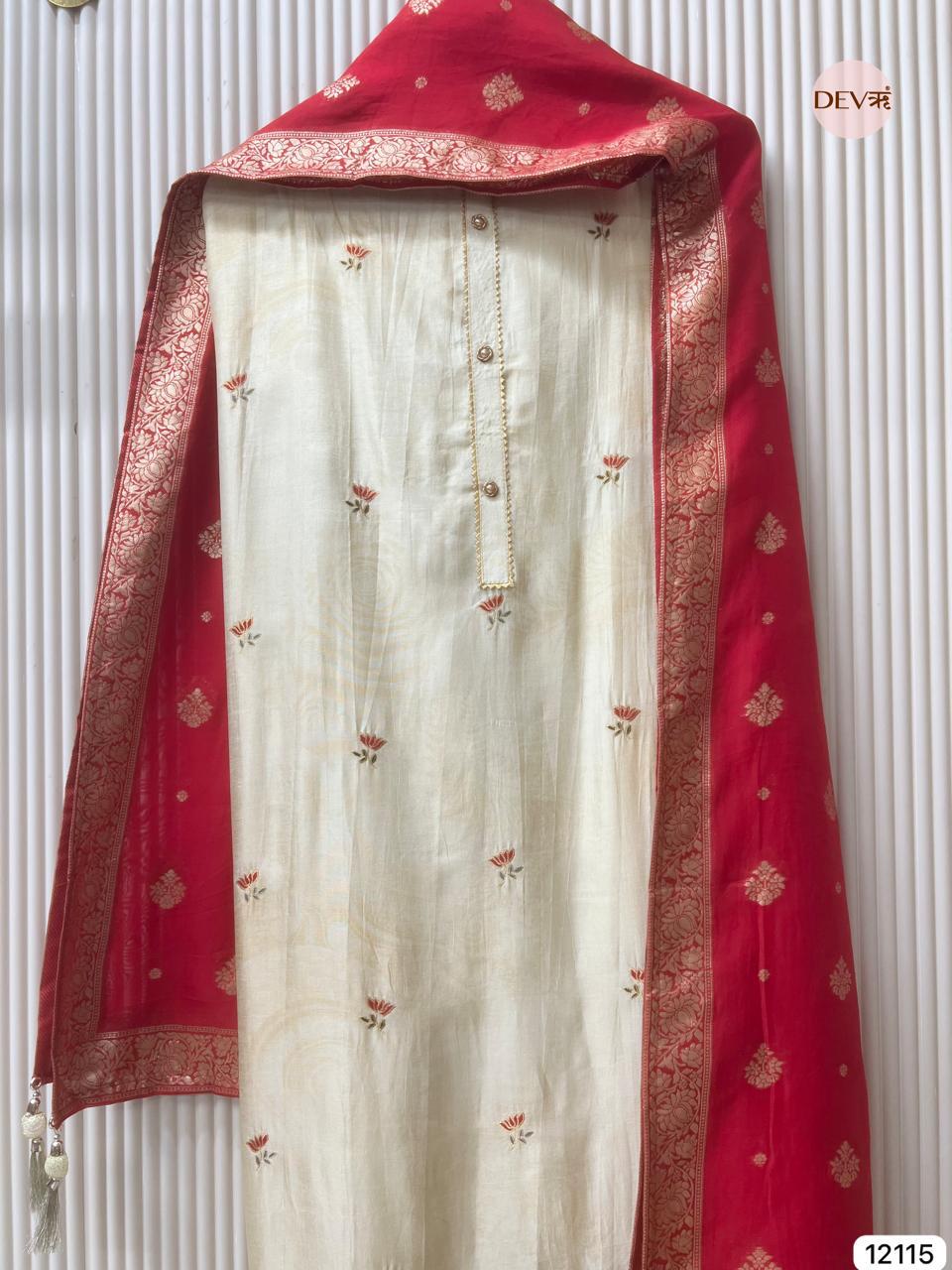 Ivory Russian Silk Embroidered Unstitched 3-Piece Suit (Devri – D.No 12115).