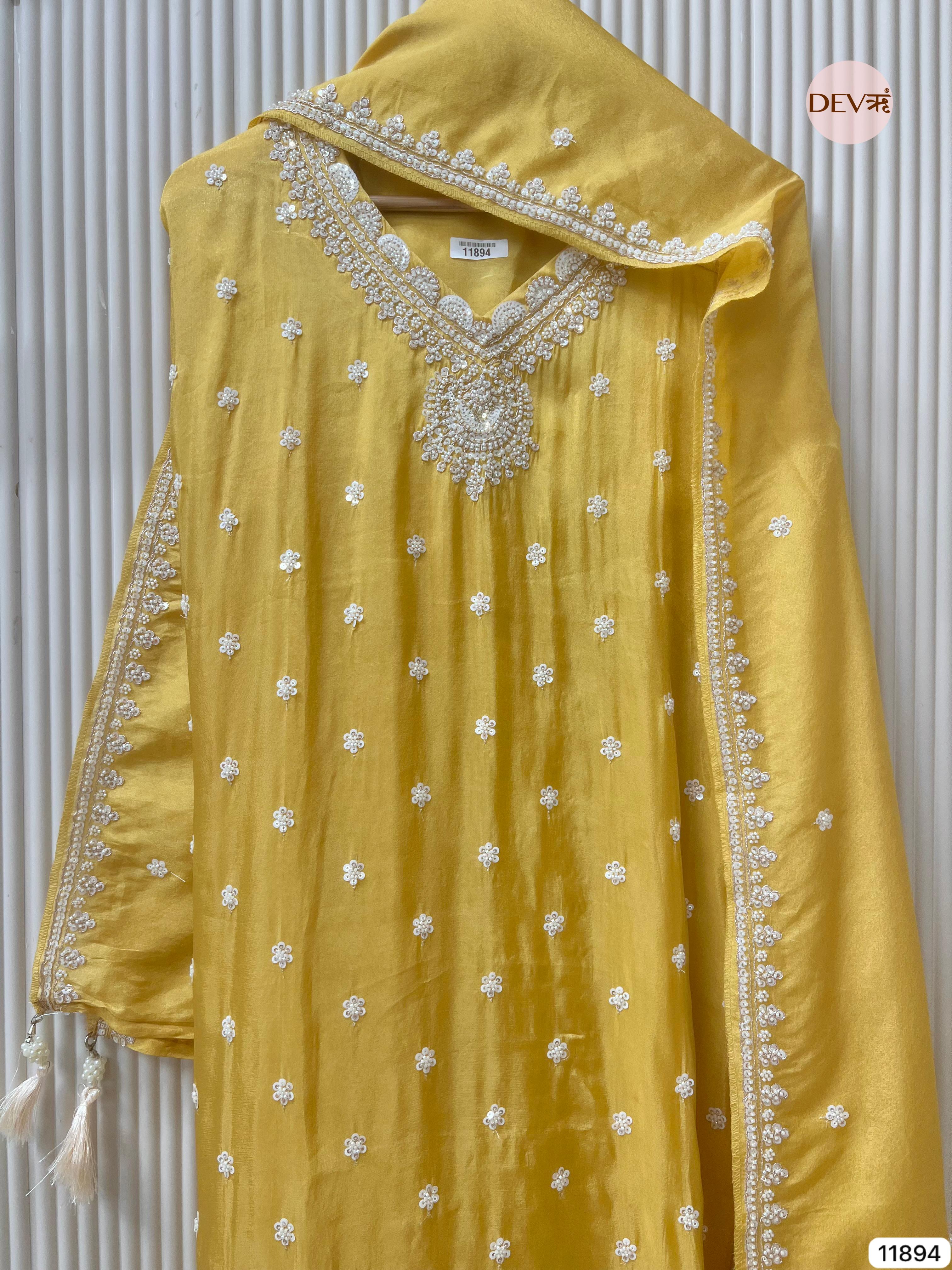 Yellow Shimmer Tissue Silk Unstitched Embroidered -Set Of 3- {11894}