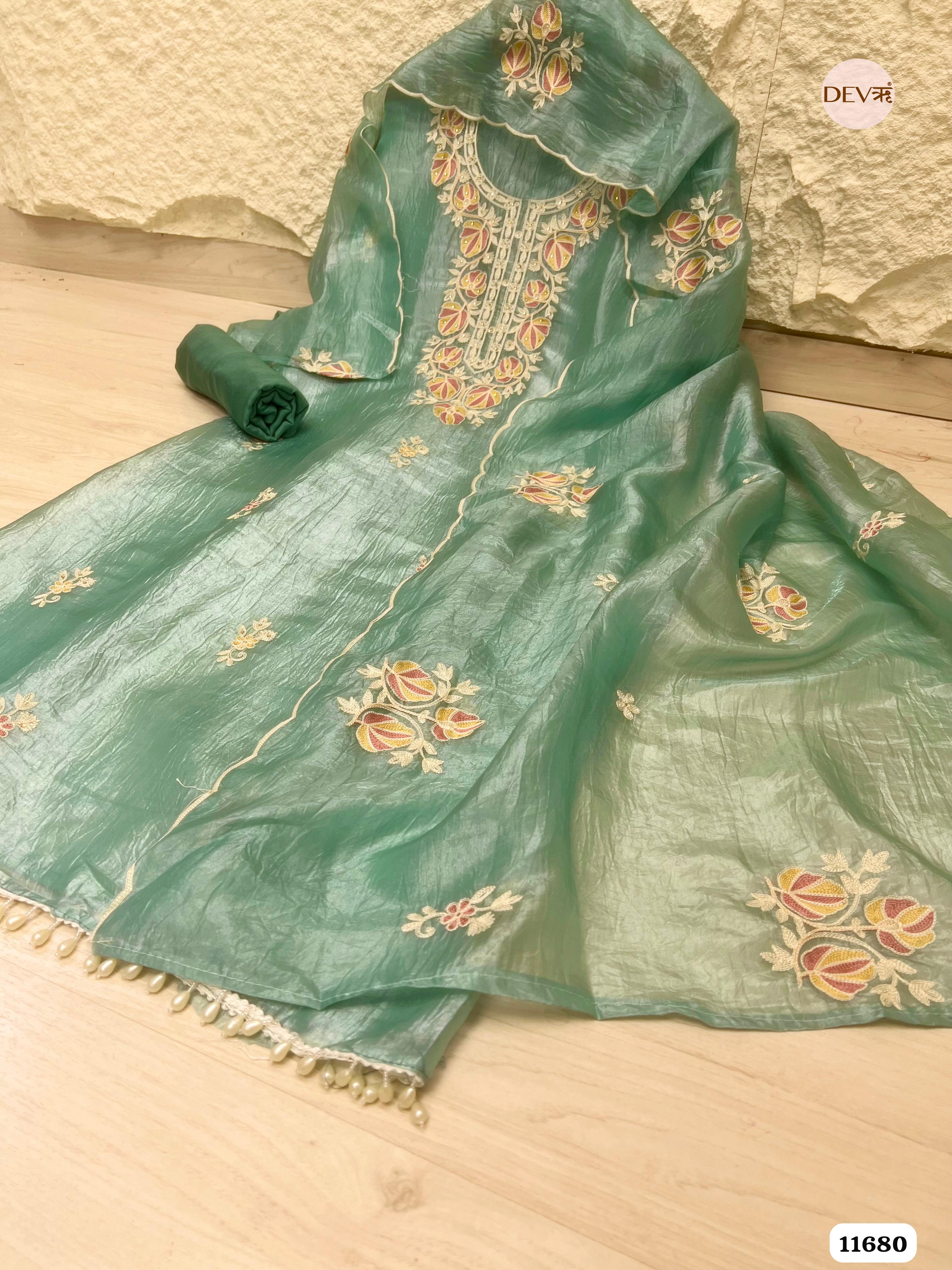 Green Tissue Crush Silk Unstitched Embroidered -Set Of 3 {11680}