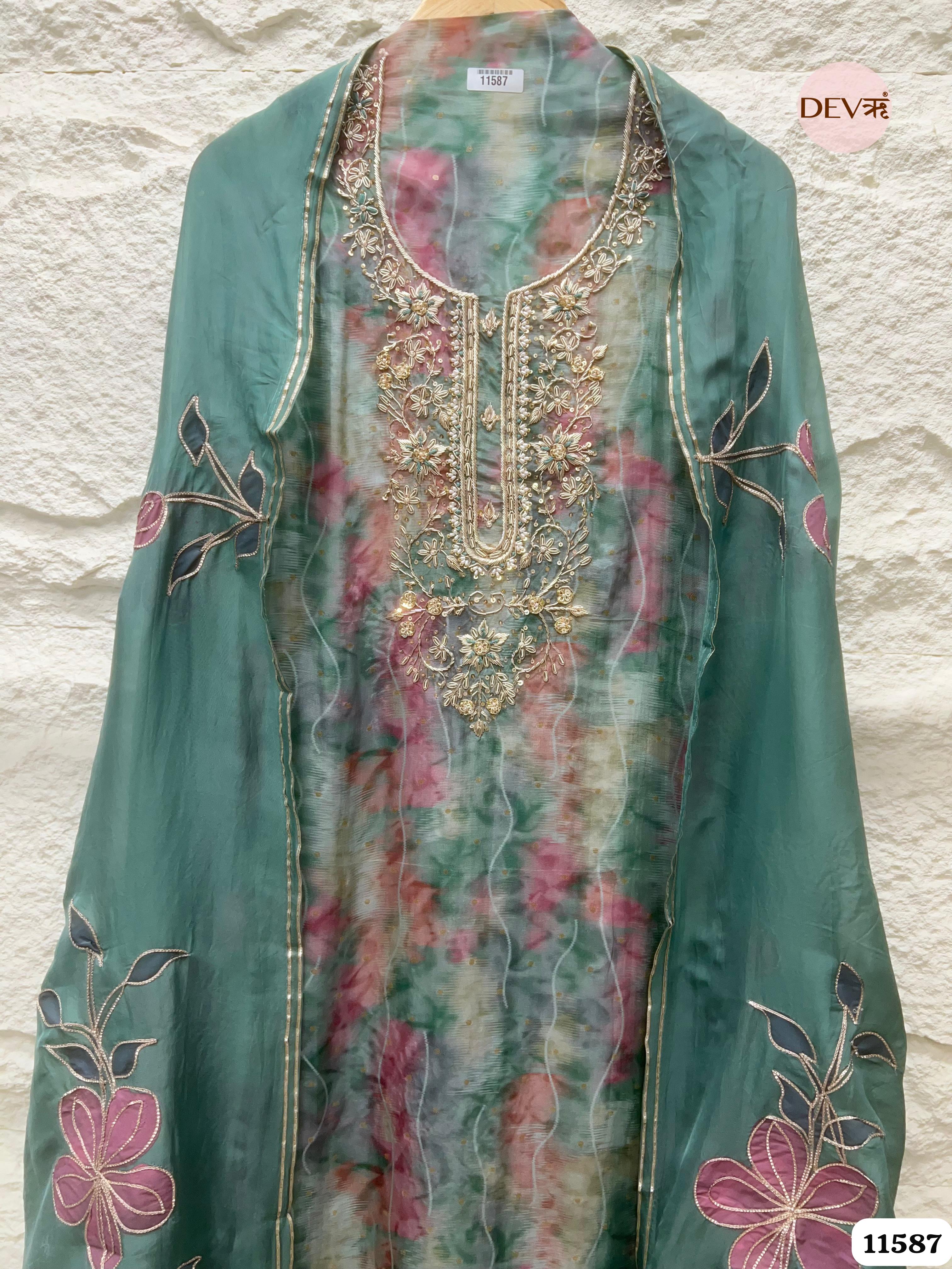 Green Pure Organza Silk Printed Unstitched Hand Embroidered -Set Of 3 {11587}