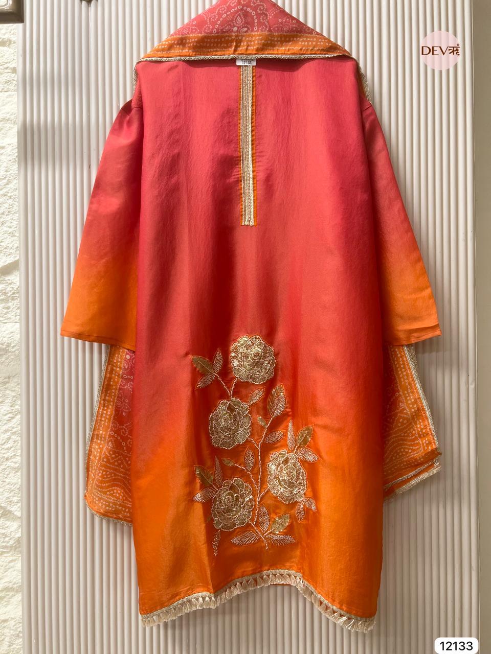 Red–Orange Soft Tissue Silk Embroidered Unstitched 3-Piece Suit (Devri – D.No 12133)