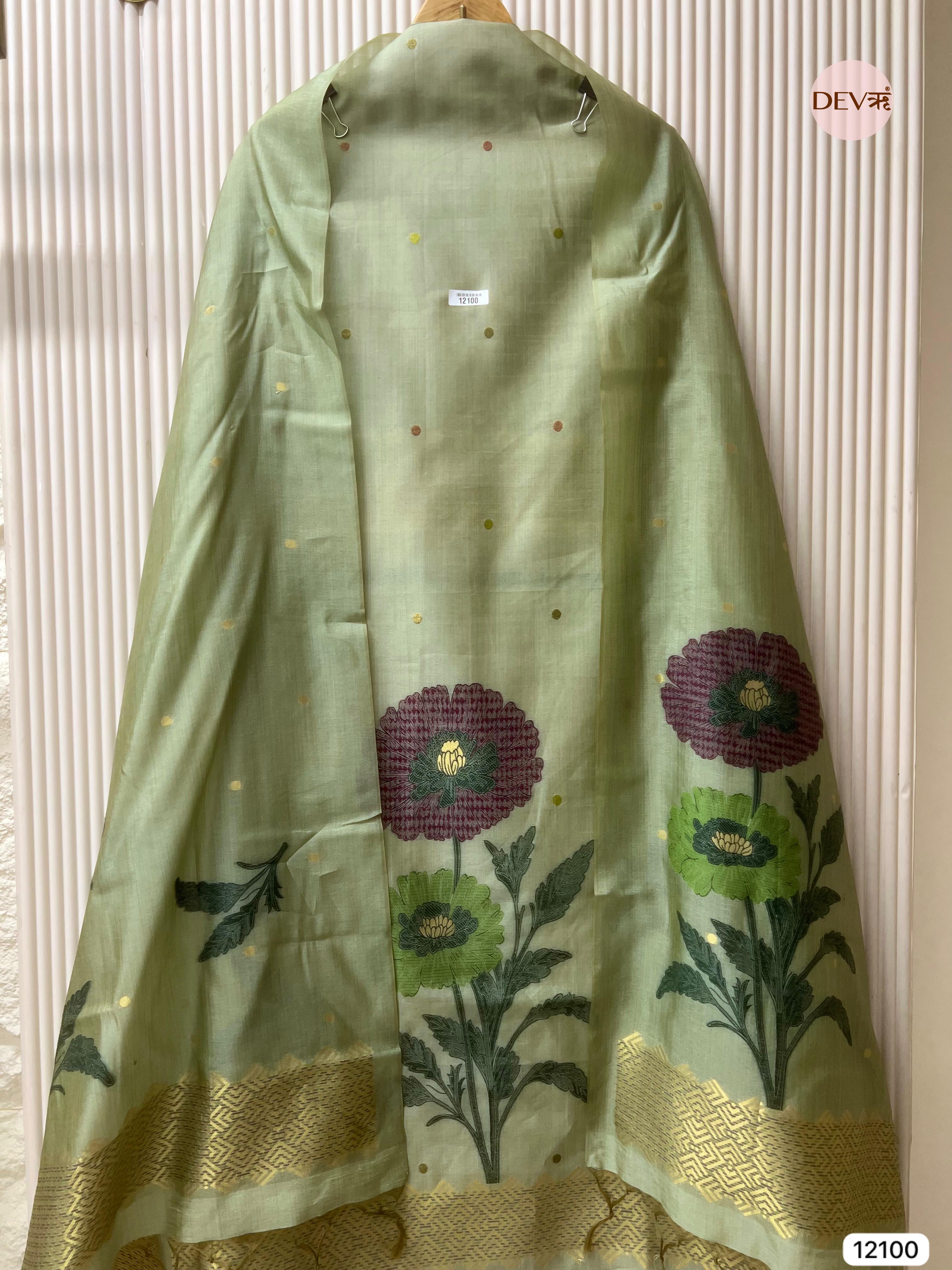 Green Banarasi Khadi Silk Unstitched -Set Of 3 - {12100}
