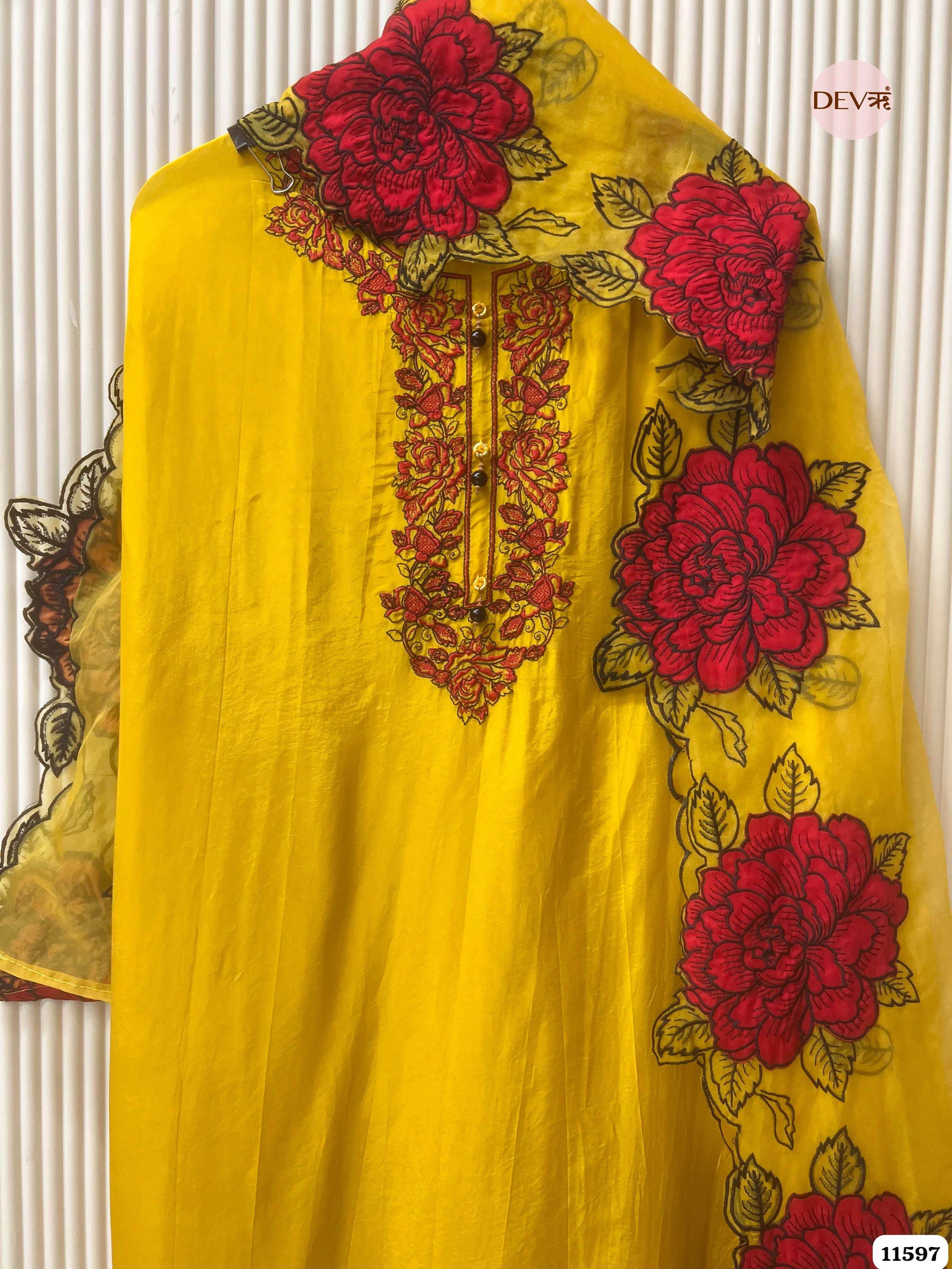 Yellow Organza Unstitched Embroidered -Set Of 3 {11597}