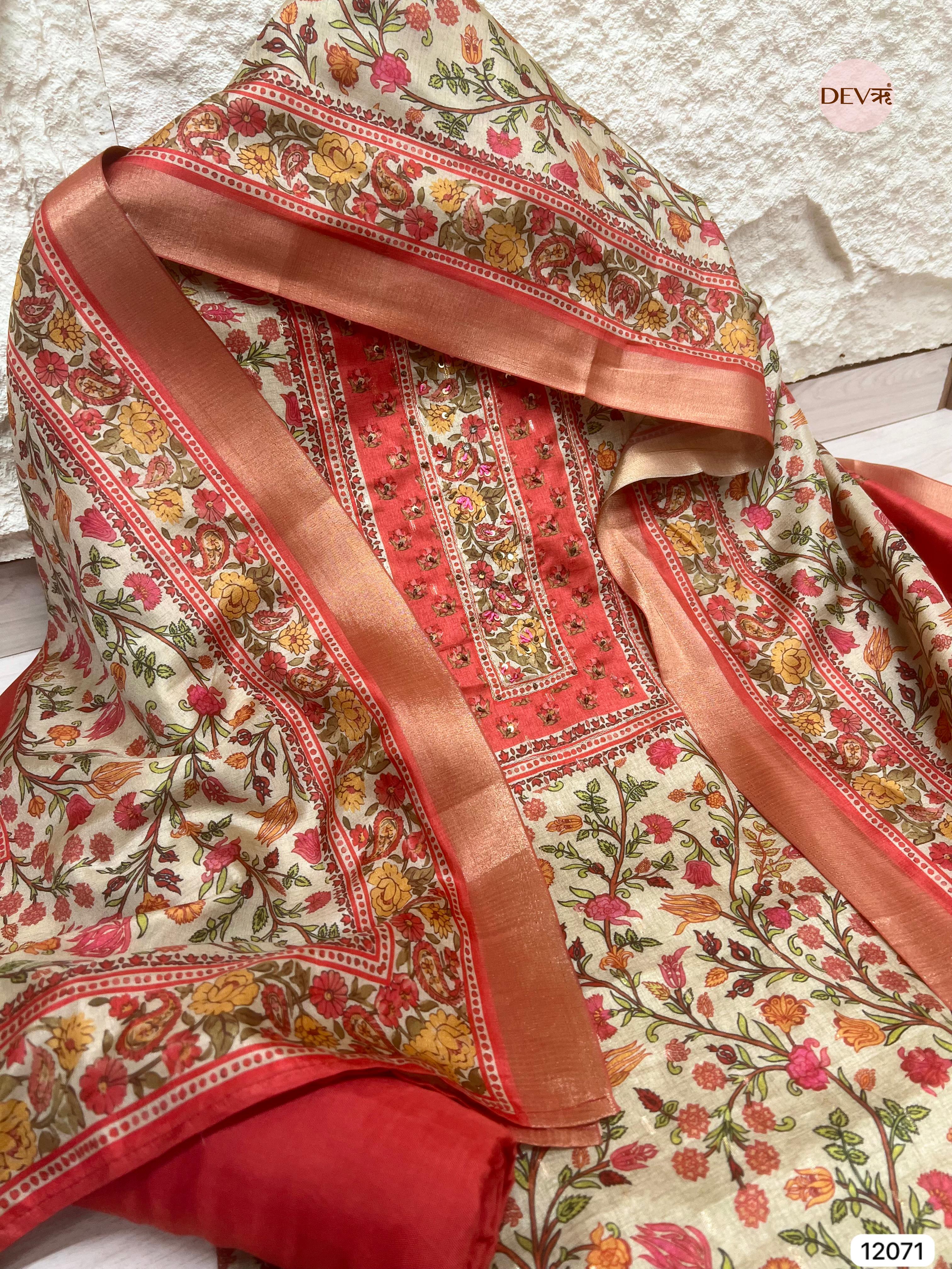 Multi Colour Tissue Khadi Silk Printed Unstitched Hand Embroidered -Set Of 3 - {12071}