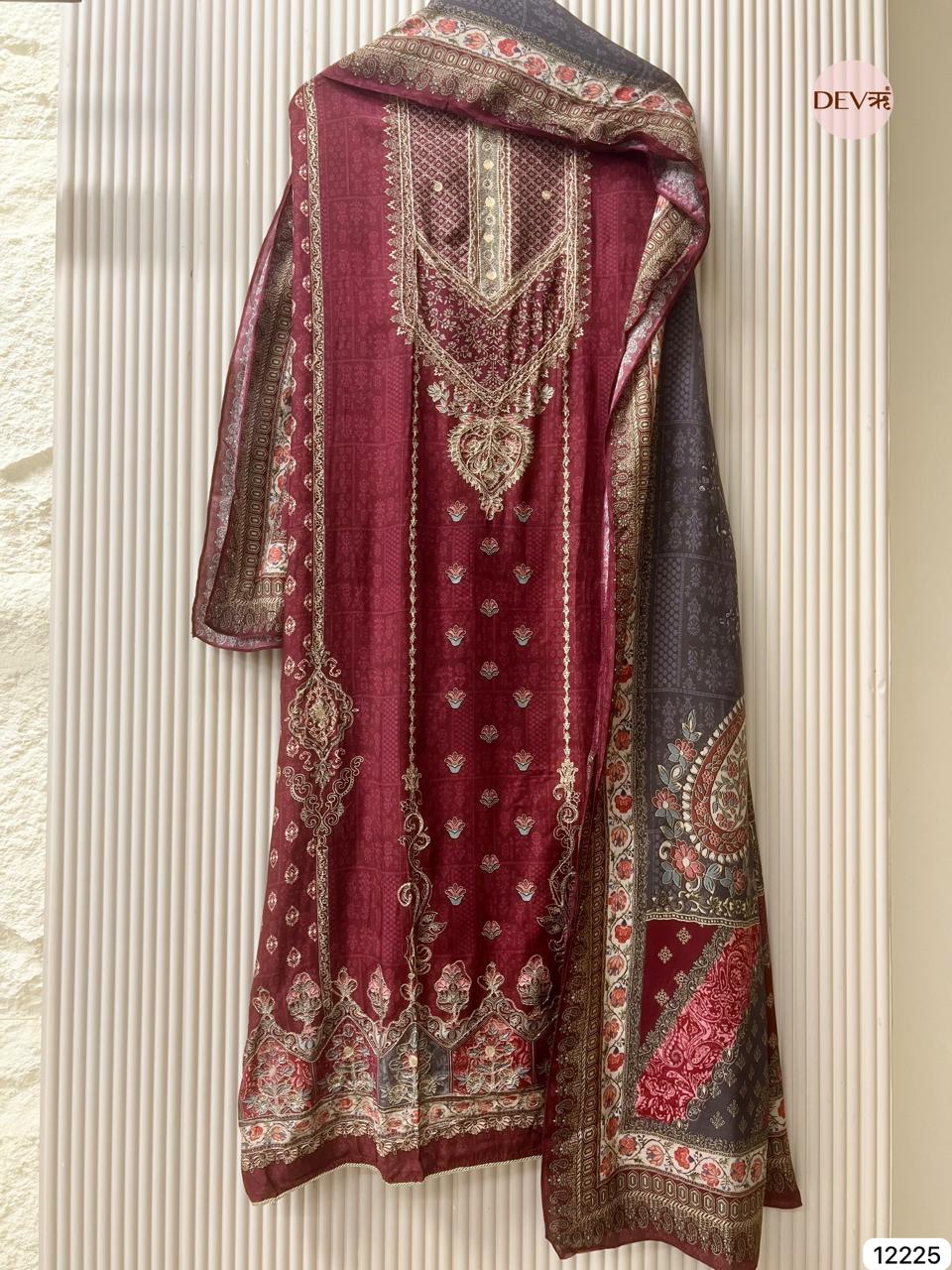 Maroon Pure Muslin Printed Unstitched 3-Piece Suit (Devri – D.No 12225)