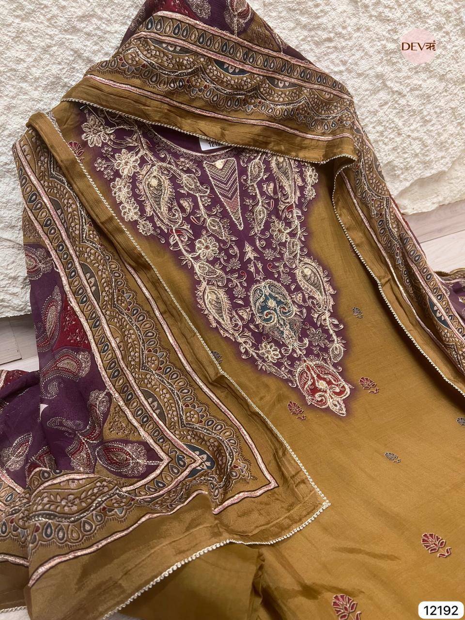 Olive Muslin Embroidered Unstitched 3-Piece Suit (Devri – D.No 12192)