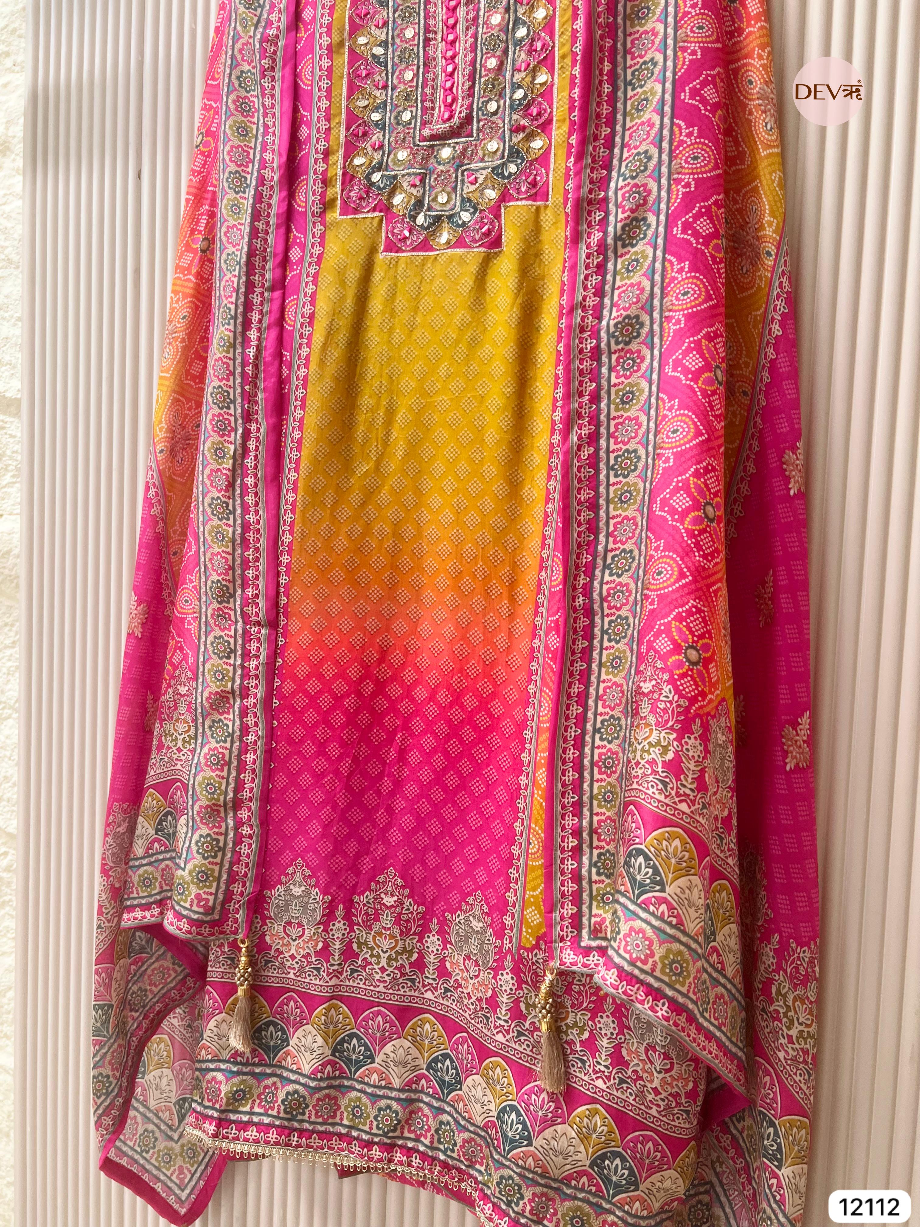 Pink / yellow Pure Organza Silk Unstitched Printed -Set Of 3 - {12112}