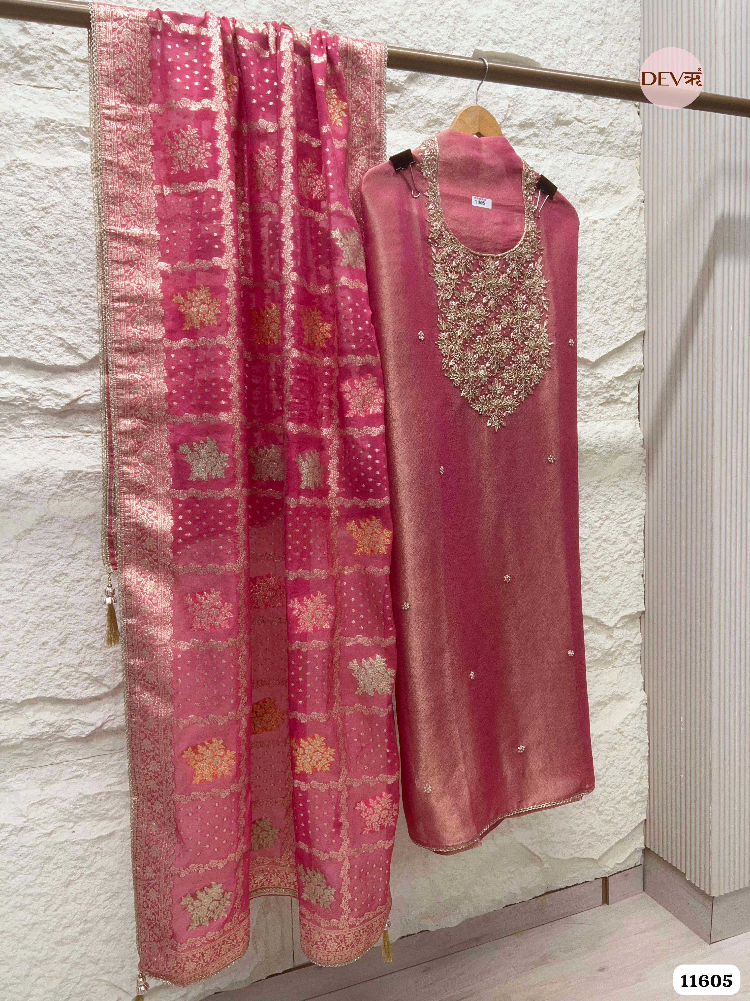 Rose Pink Pure Tissue Banarasi Silk Unstitched Hand Embroidered -Set Of 3 {11605}