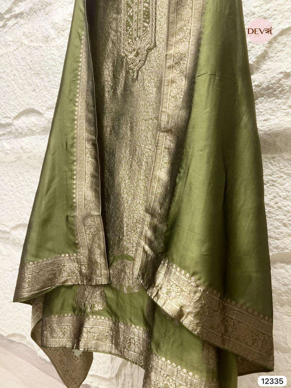 Olive Green Pure Banarasi Silk Embroidered Unstitched 3-Piece Suit (Devri – D.No 12335)