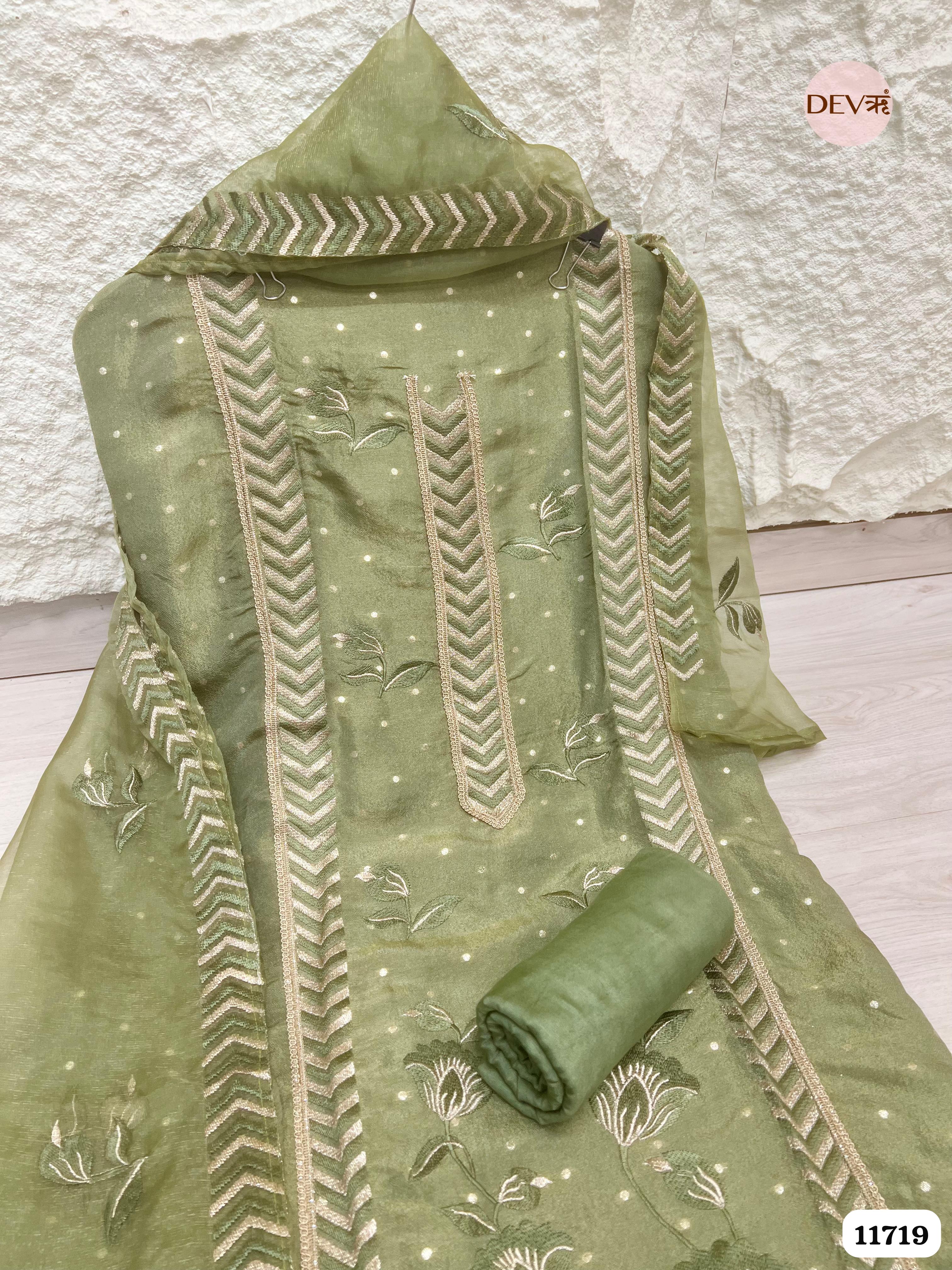 Green Tissue Shimmer Unstitched Embroidered -Set Of 3 {11719}