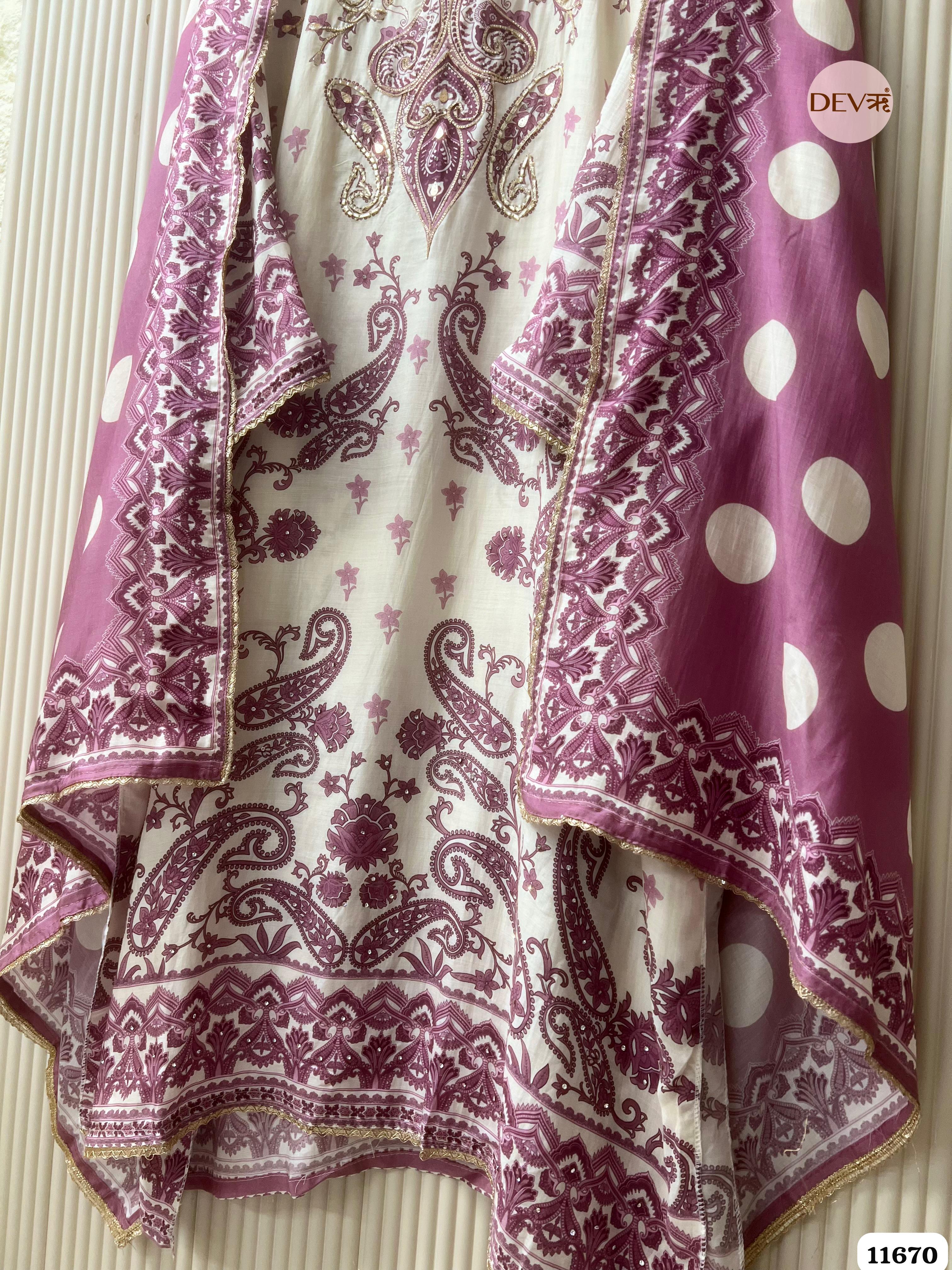 Off White/ purple Muslin Printed Semi Stitched Hand Embroidered -Set Of 3 - {11670}