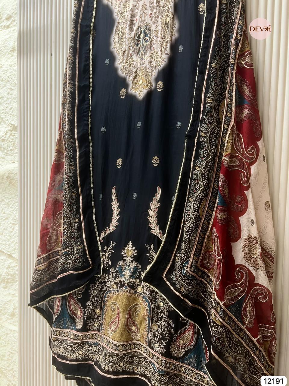 Black Muslin Embroidered Unstitched 3-Piece Suit (Devri – D.No 12191)
