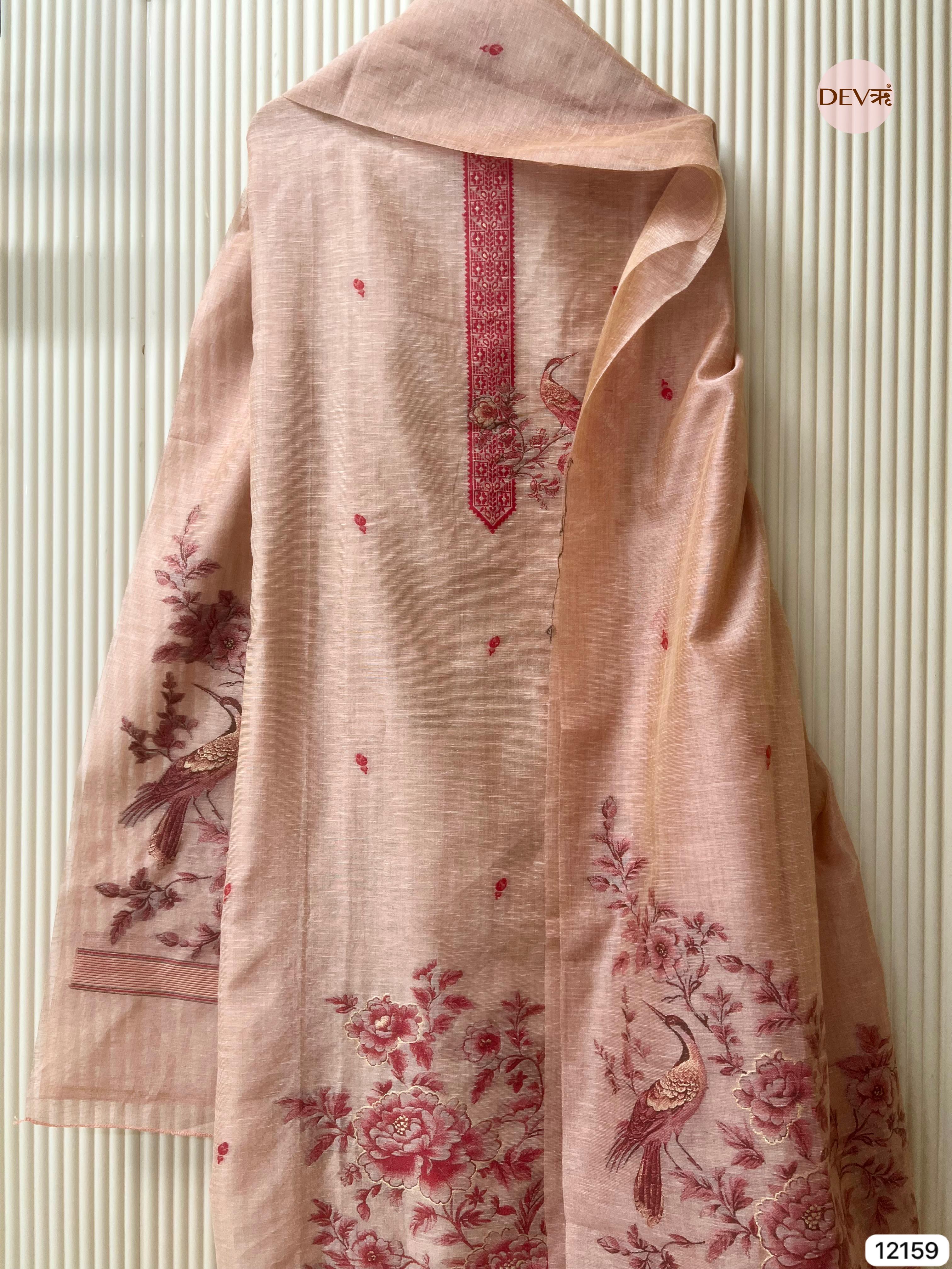 {12159} Peach Pure Jamdani Linen Unstitched - Set Of 3