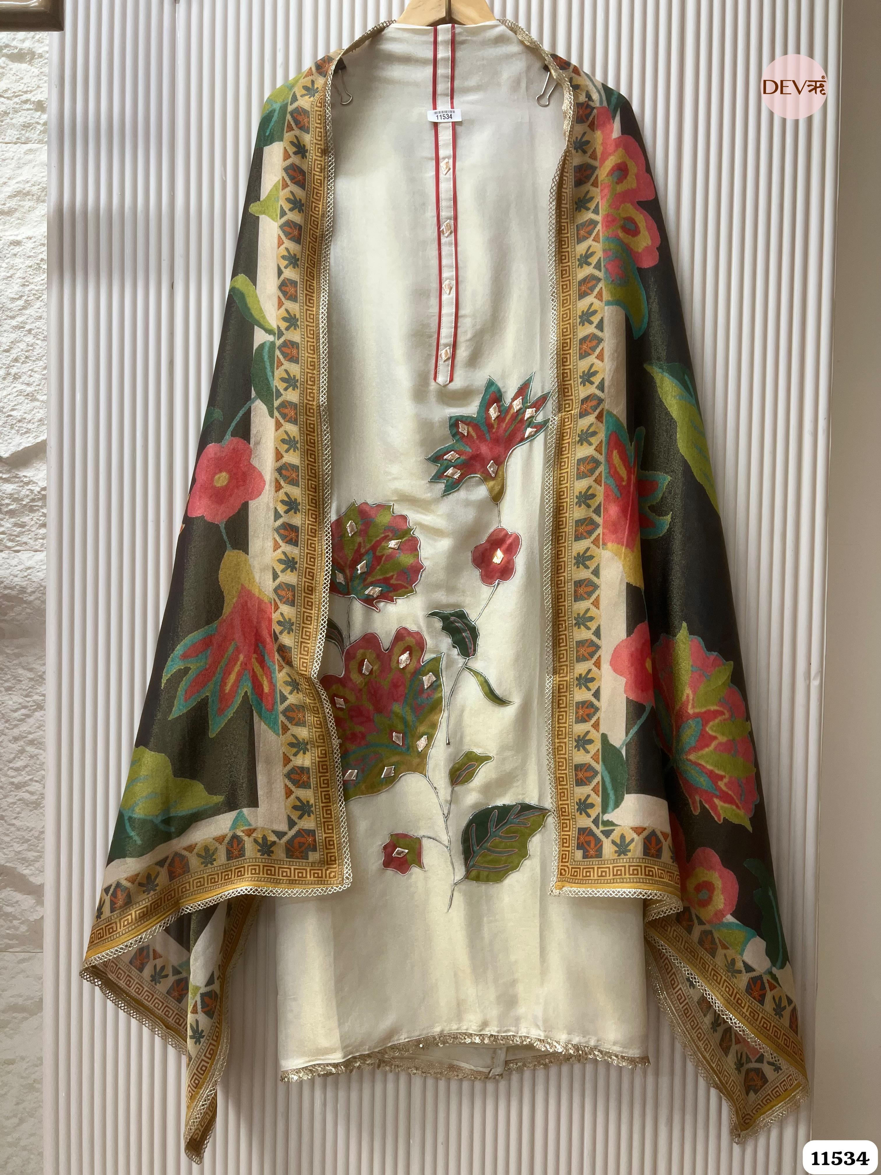 Off White Tissue Silk Unstitched Applique Work Hand Embroidered -Set Of 3 {11534}