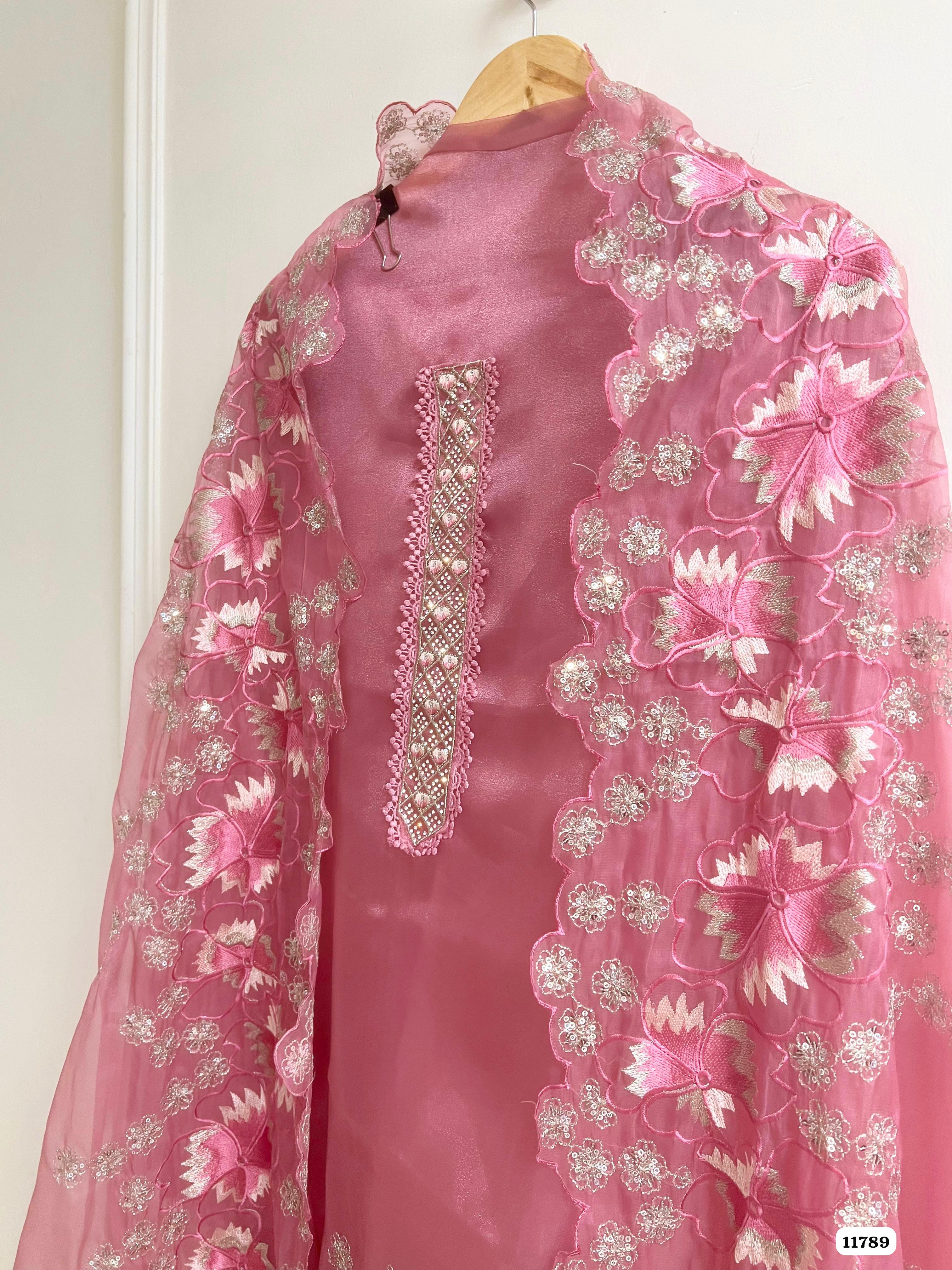 Pink Tissue Silk Unstitched Embroidered -Set Of 3 {11789}