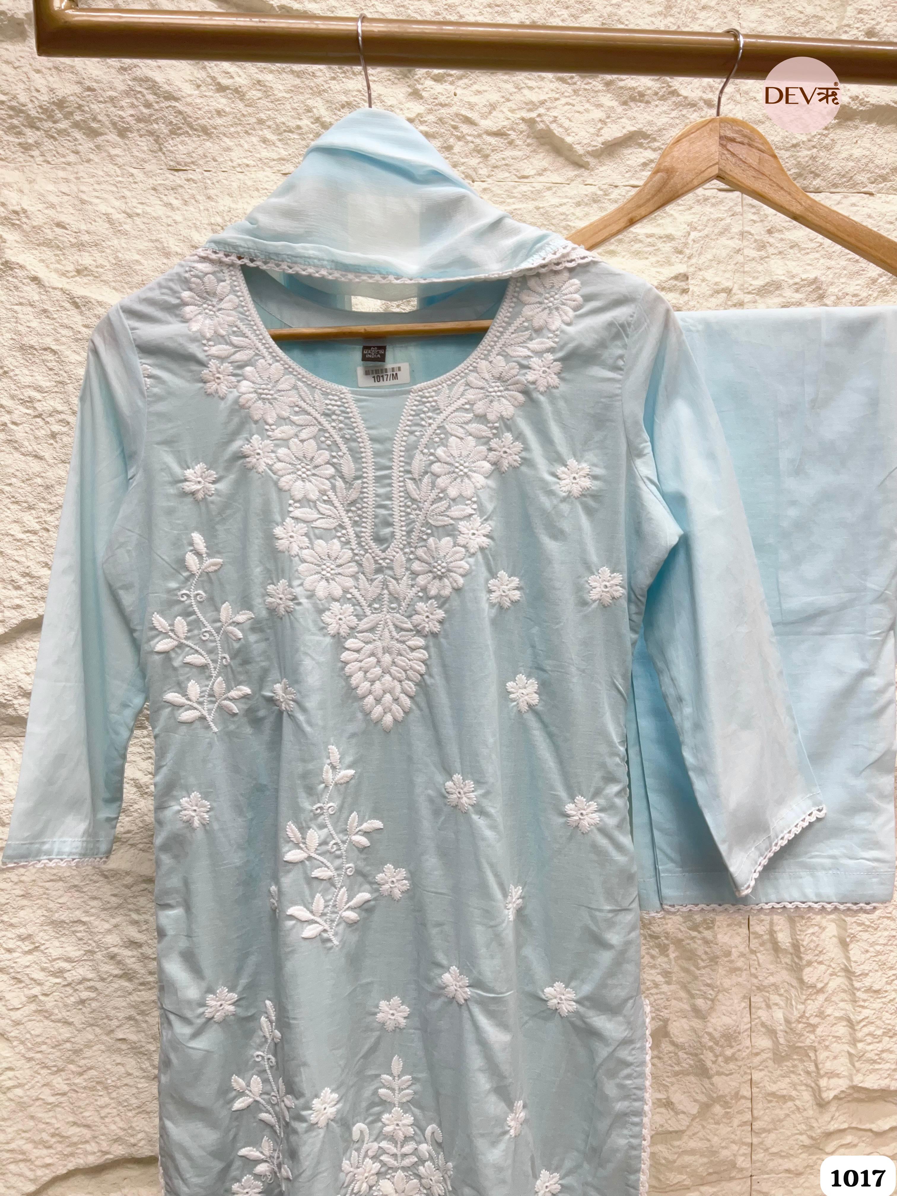 Light Blue Pure Cotton Stiched Embroidered -Set Of 3 {1017}