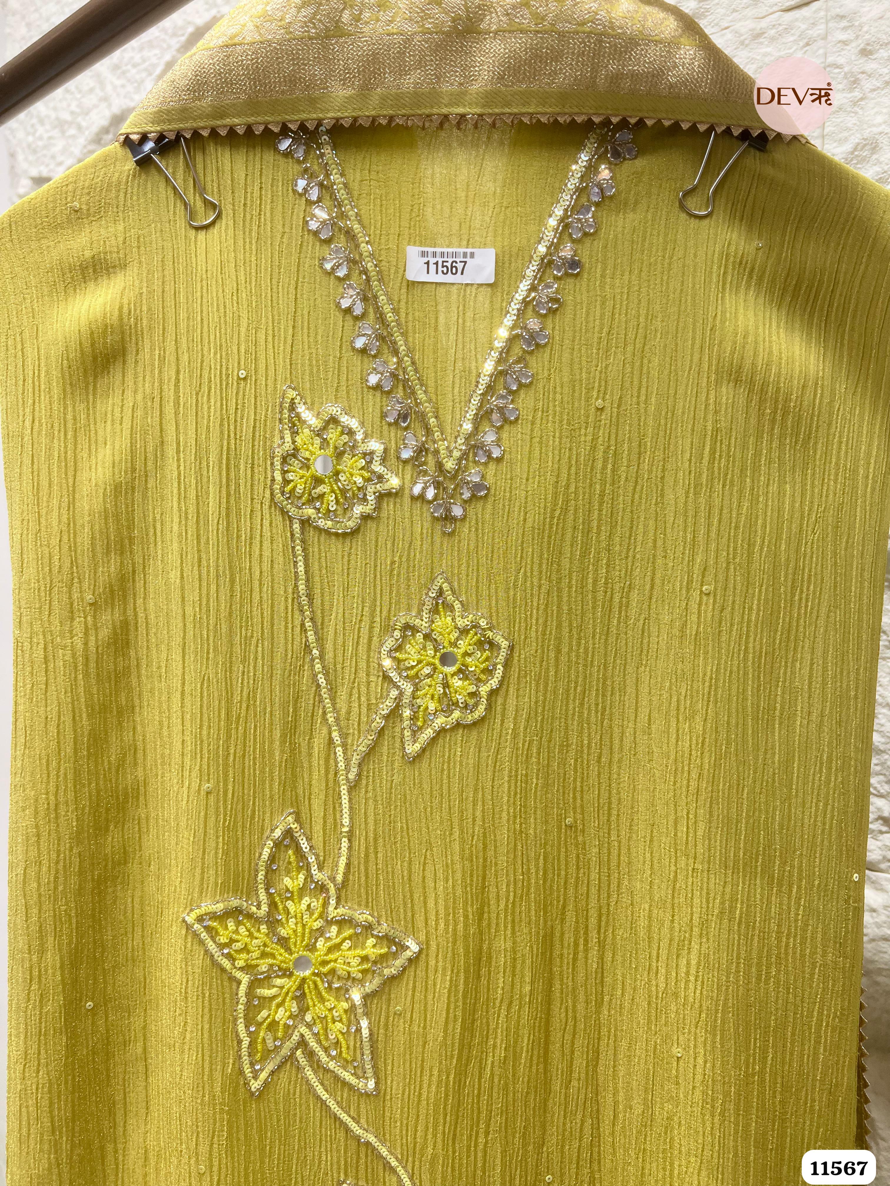 Lime Green Pure Chinon Unstitched Hand Embroidered -Set Of 3 {11567}