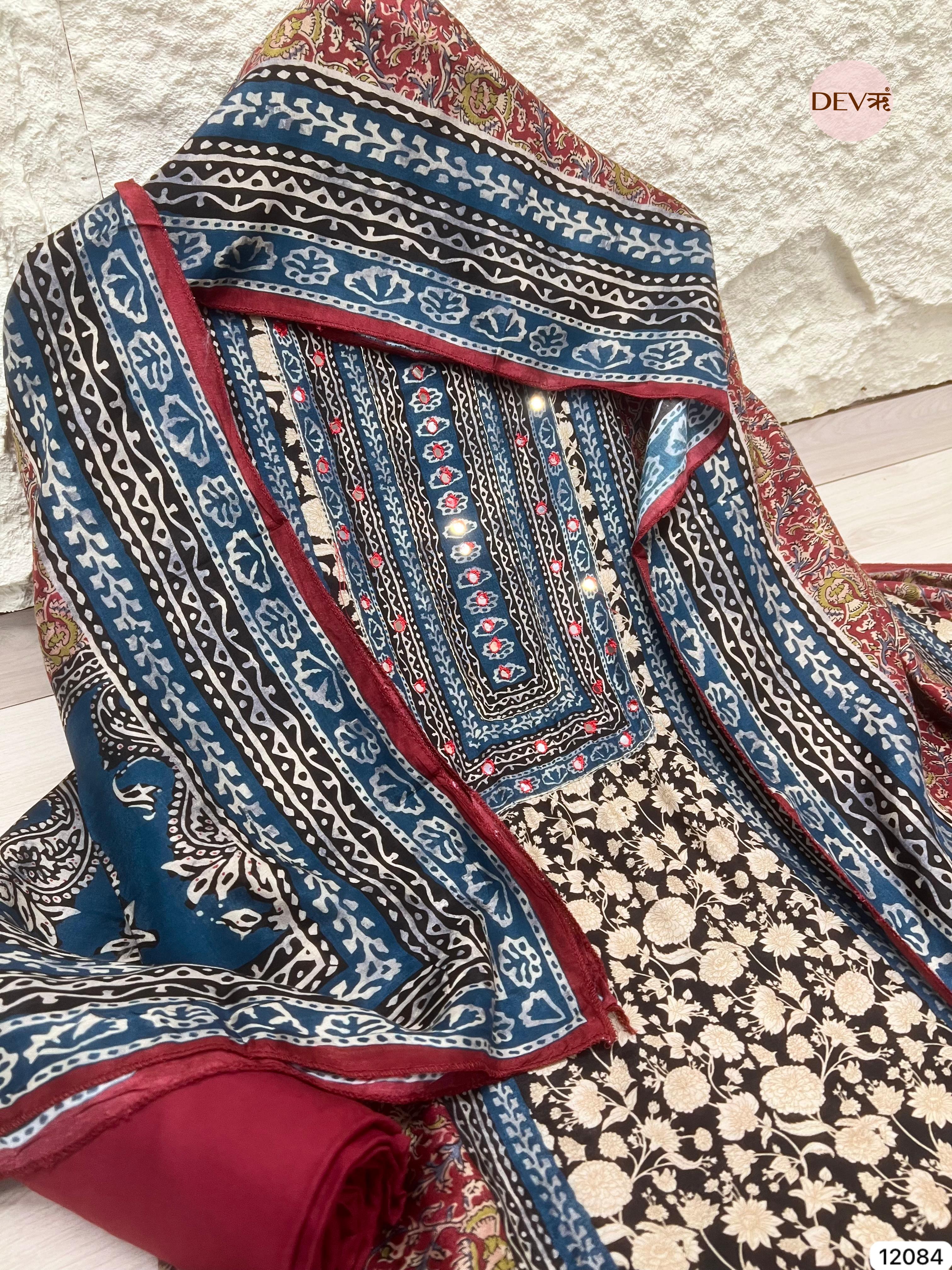 Multi colour Pure Muslin Unstitched Printed Embroidered -Set Of 3 - {12084}