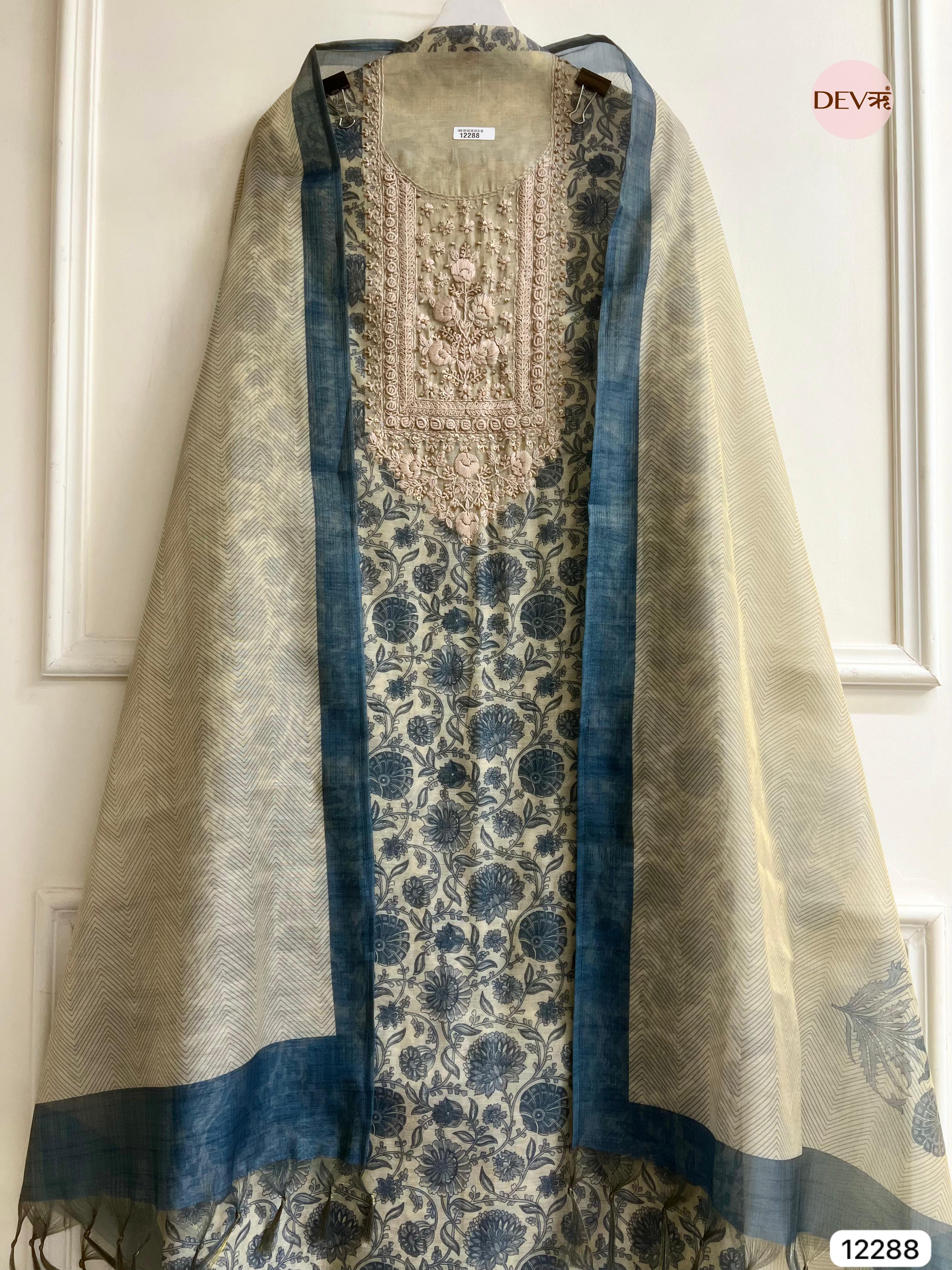 Ivory Blue Tissue Silk Embroidered Unstitched 3-Piece Suit (Devri – D.No 12288).