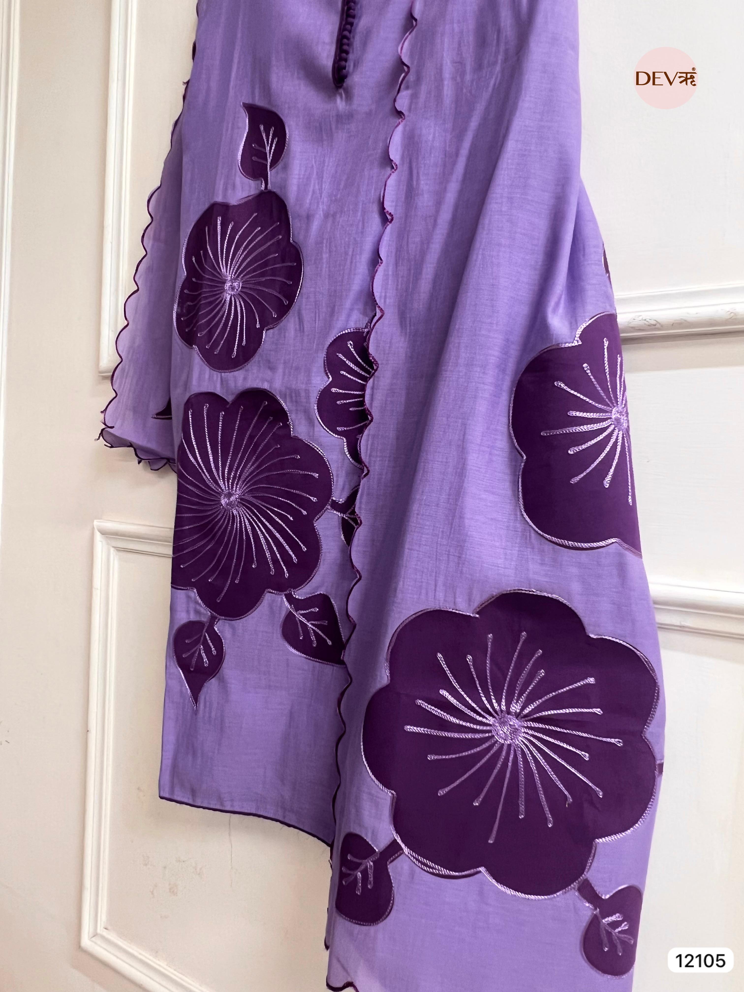 Purple Modal Silk Unstitched Applique Embroidered -Set Of 3 - {12105}