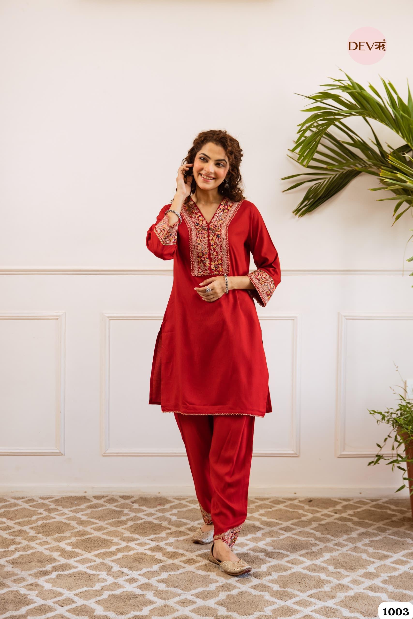 Red Embroidered Kurta Set Crafted From Soft german Reyon Fabric